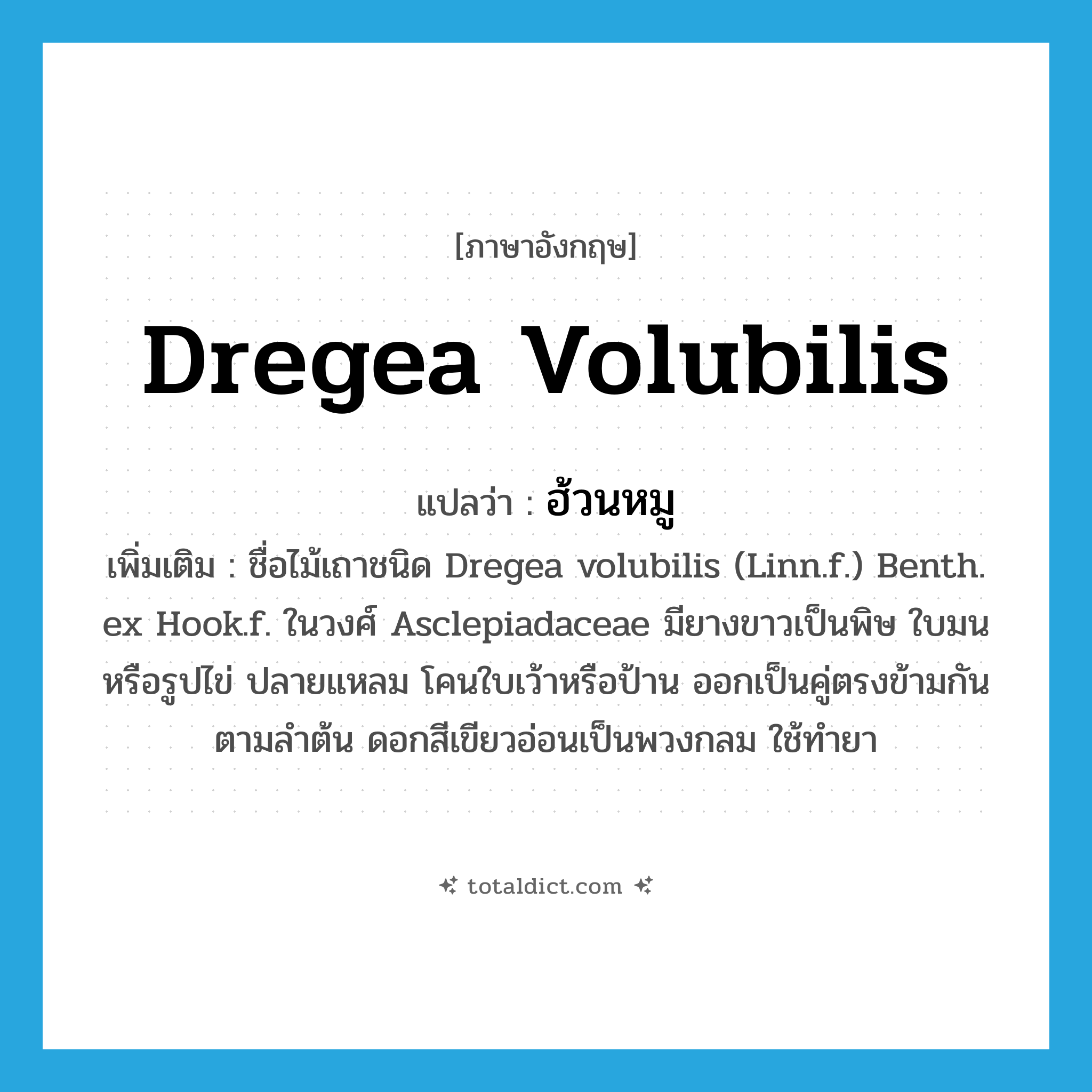 Dregea volubilis แปลว่า?, คำศัพท์ภาษาอังกฤษ Dregea volubilis แปลว่า ฮ้วนหมู ประเภท N เพิ่มเติม ชื่อไม้เถาชนิด Dregea volubilis (Linn.f.) Benth. ex Hook.f. ในวงศ์ Asclepiadaceae มียางขาวเป็นพิษ ใบมนหรือรูปไข่ ปลายแหลม โคนใบเว้าหรือป้าน ออกเป็นคู่ตรงข้ามกันตามลำต้น ดอกสีเขียวอ่อนเป็นพวงกลม ใช้ทำยา หมวด N