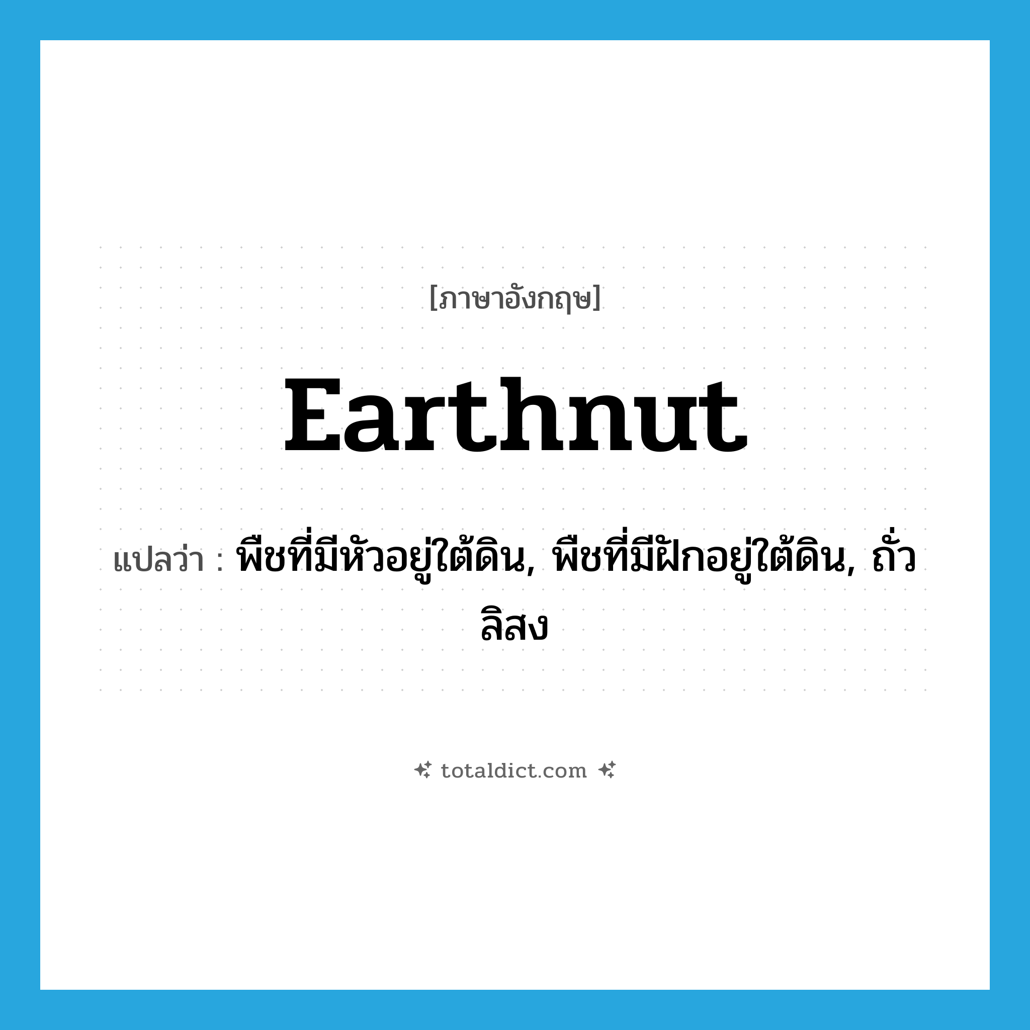 earthnut แปลว่า?, คำศัพท์ภาษาอังกฤษ earthnut แปลว่า พืชที่มีหัวอยู่ใต้ดิน, พืชที่มีฝักอยู่ใต้ดิน, ถั่วลิสง ประเภท N หมวด N