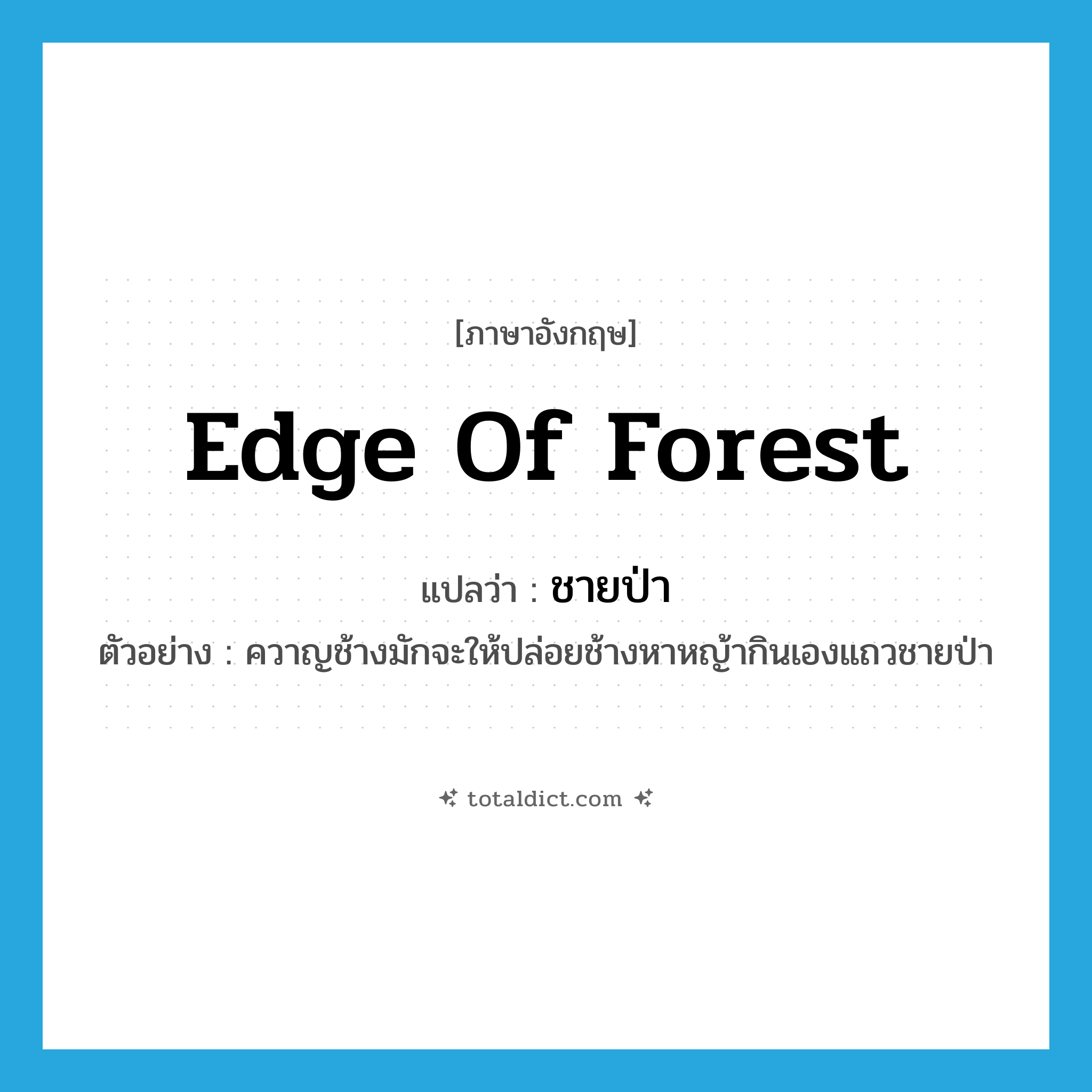 edge of forest แปลว่า?, คำศัพท์ภาษาอังกฤษ edge of forest แปลว่า ชายป่า ประเภท N ตัวอย่าง ควาญช้างมักจะให้ปล่อยช้างหาหญ้ากินเองแถวชายป่า หมวด N
