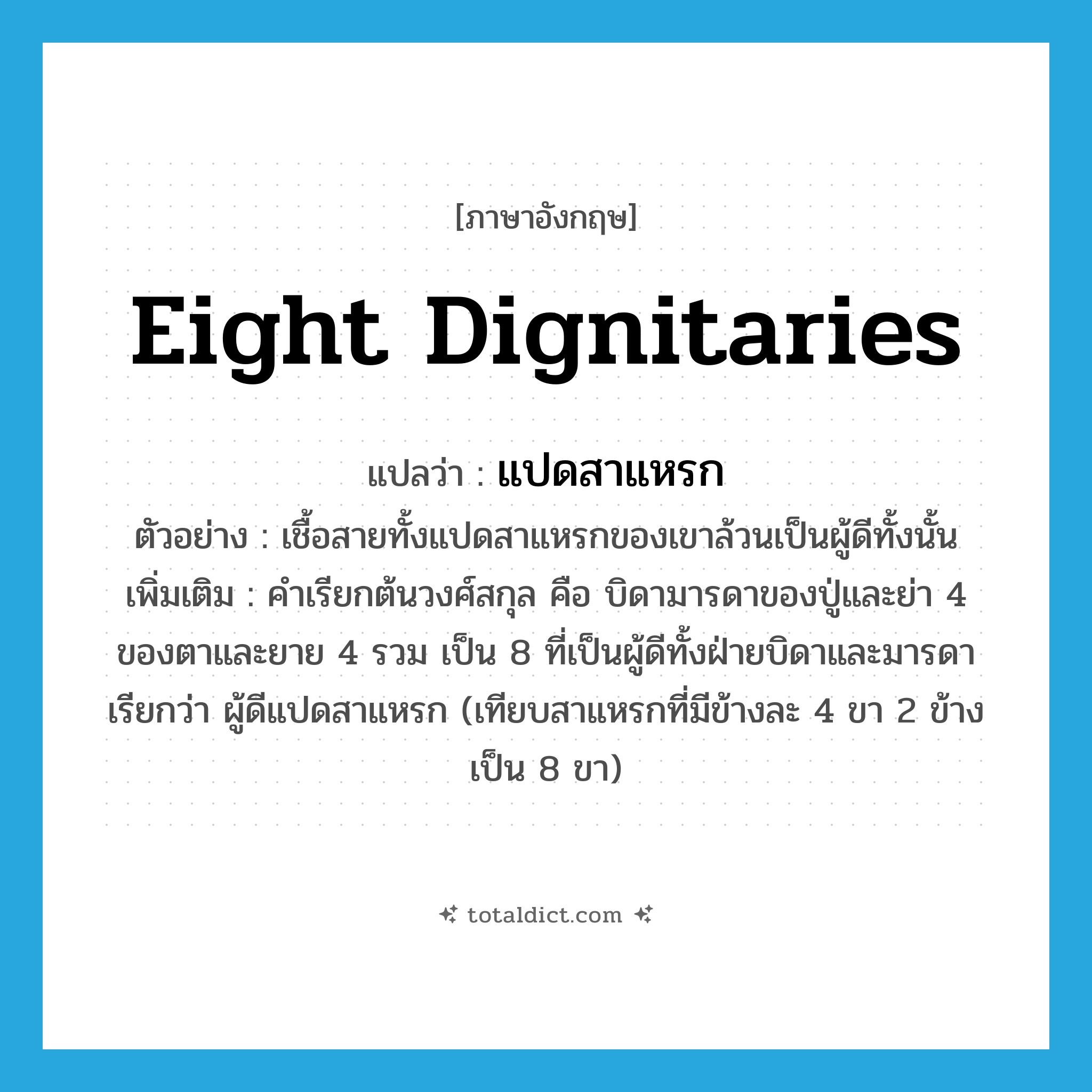 eight dignitaries แปลว่า?, คำศัพท์ภาษาอังกฤษ eight dignitaries แปลว่า แปดสาแหรก ประเภท N ตัวอย่าง เชื้อสายทั้งแปดสาแหรกของเขาล้วนเป็นผู้ดีทั้งนั้น เพิ่มเติม คำเรียกต้นวงศ์สกุล คือ บิดามารดาของปู่และย่า 4 ของตาและยาย 4 รวม เป็น 8 ที่เป็นผู้ดีทั้งฝ่ายบิดาและมารดา เรียกว่า ผู้ดีแปดสาแหรก (เทียบสาแหรกที่มีข้างละ 4 ขา 2 ข้างเป็น 8 ขา) หมวด N