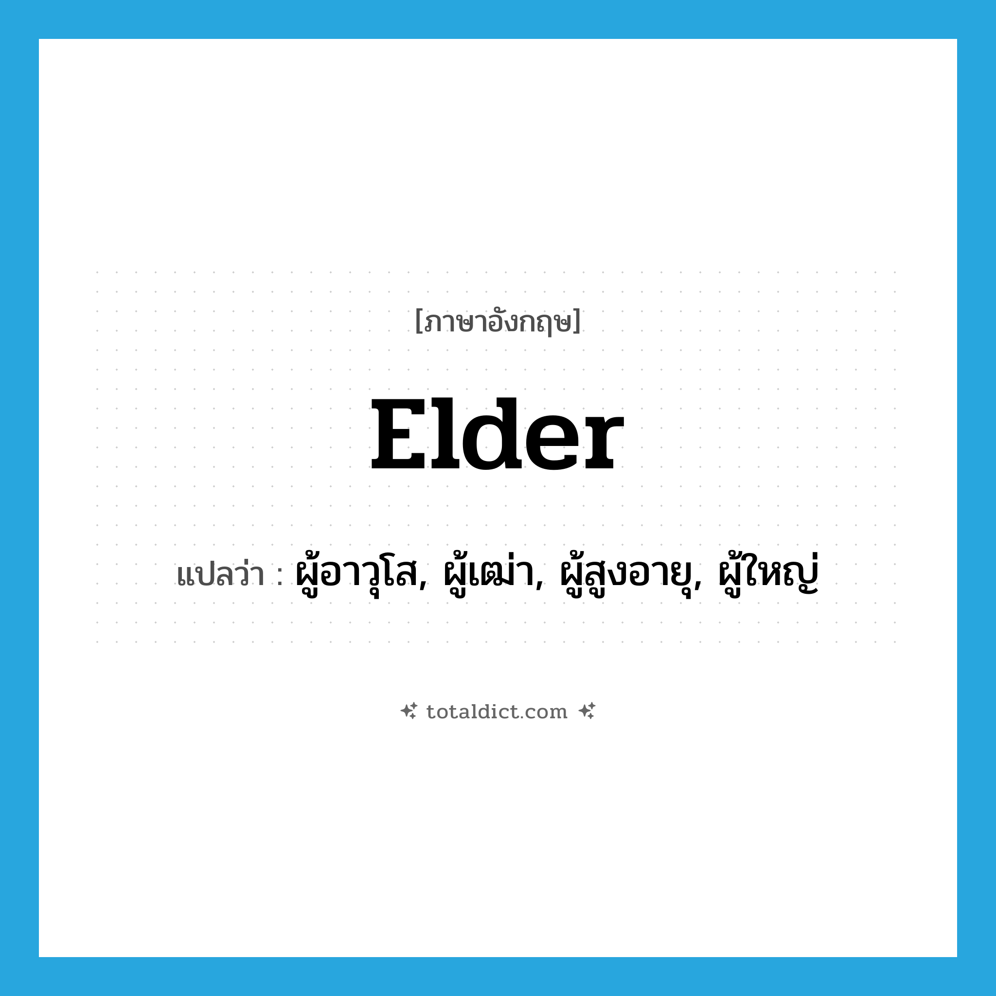 elder แปลว่า?, คำศัพท์ภาษาอังกฤษ elder แปลว่า ผู้อาวุโส, ผู้เฒ่า, ผู้สูงอายุ, ผู้ใหญ่ ประเภท N หมวด N