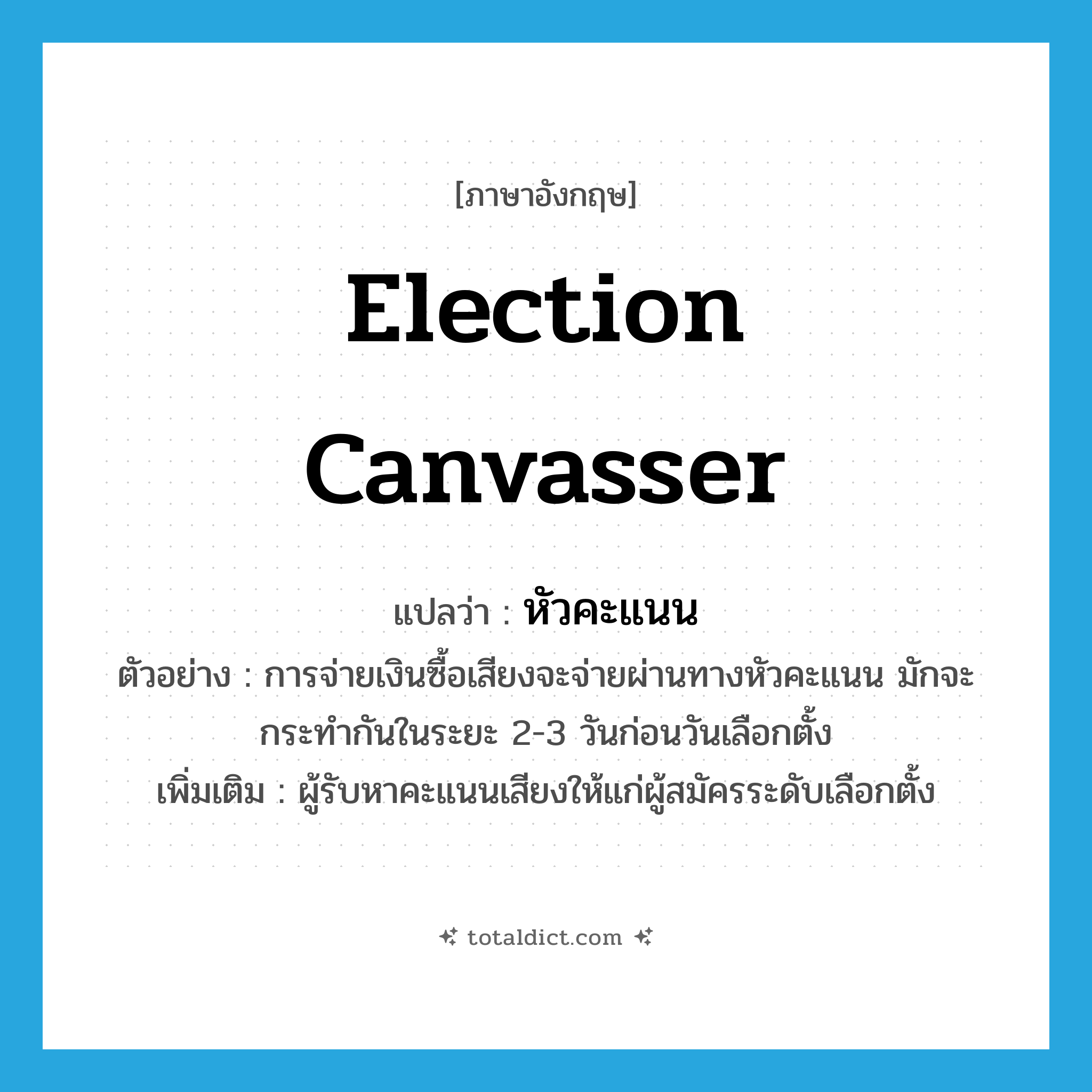 election canvasser แปลว่า?, คำศัพท์ภาษาอังกฤษ election canvasser แปลว่า หัวคะแนน ประเภท N ตัวอย่าง การจ่ายเงินซื้อเสียงจะจ่ายผ่านทางหัวคะแนน มักจะกระทำกันในระยะ 2-3 วันก่อนวันเลือกตั้ง เพิ่มเติม ผู้รับหาคะแนนเสียงให้แก่ผู้สมัครระดับเลือกตั้ง หมวด N