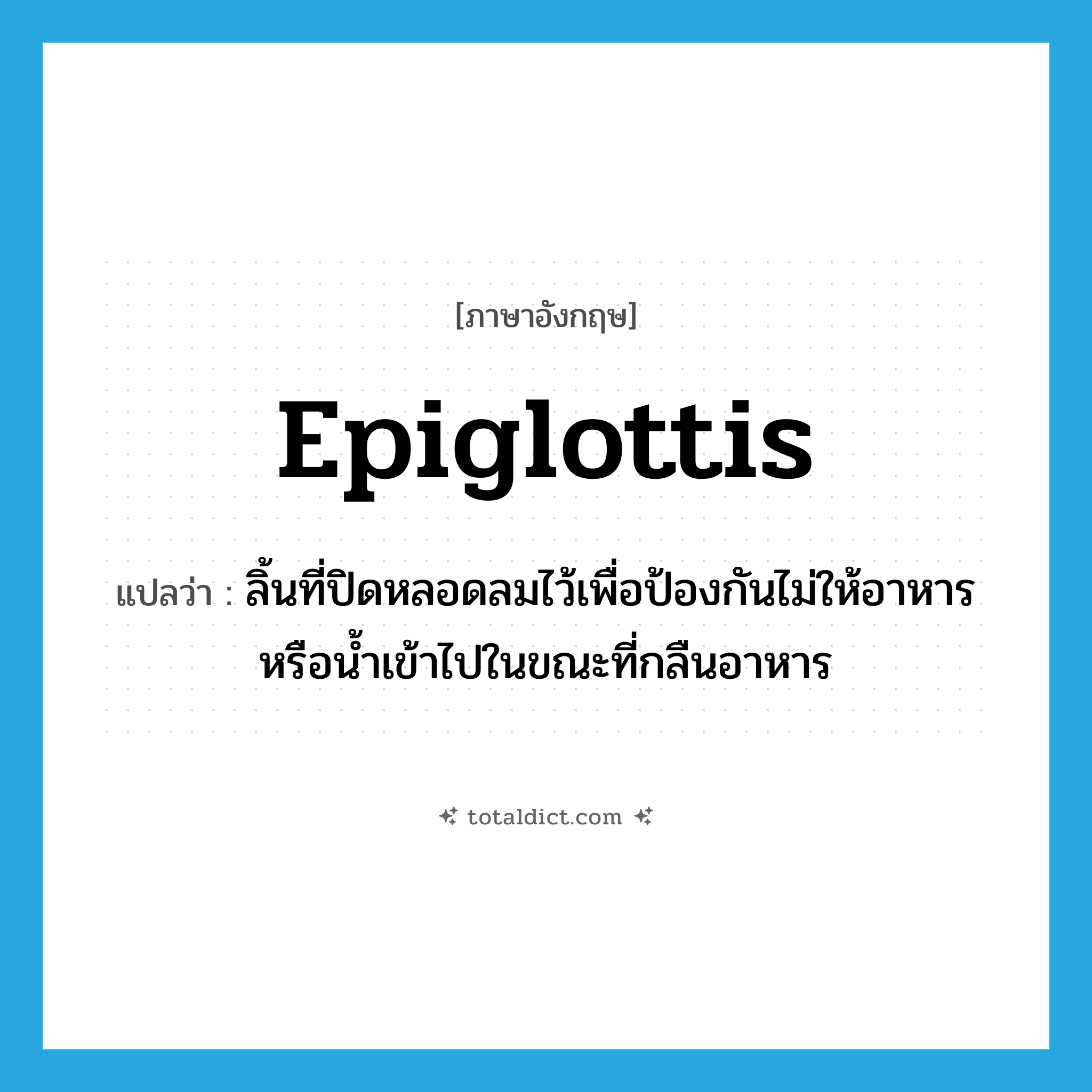 epiglottis แปลว่า?, คำศัพท์ภาษาอังกฤษ epiglottis แปลว่า ลิ้นที่ปิดหลอดลมไว้เพื่อป้องกันไม่ให้อาหารหรือน้ำเข้าไปในขณะที่กลืนอาหาร ประเภท N หมวด N