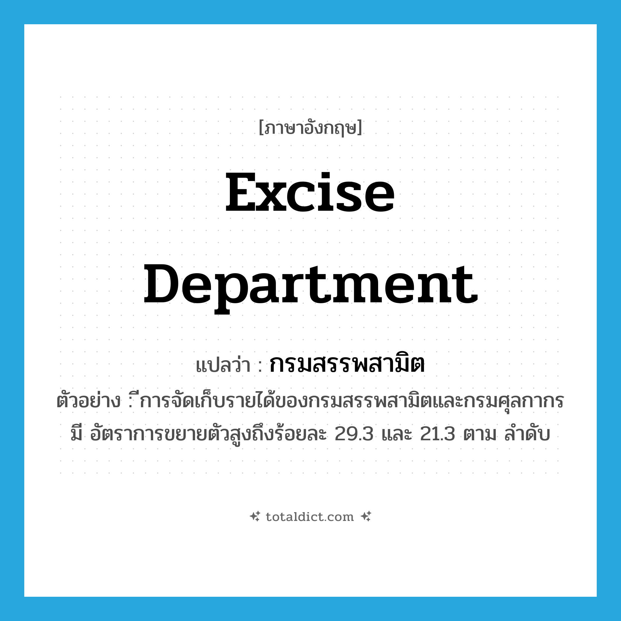 Excise Department แปลว่า?, คำศัพท์ภาษาอังกฤษ Excise Department แปลว่า กรมสรรพสามิต ประเภท N ตัวอย่าง ีการจัดเก็บรายได้ของกรมสรรพสามิตและกรมศุลกากรมี อัตราการขยายตัวสูงถึงร้อยละ 29.3 และ 21.3 ตาม ลำดับ หมวด N