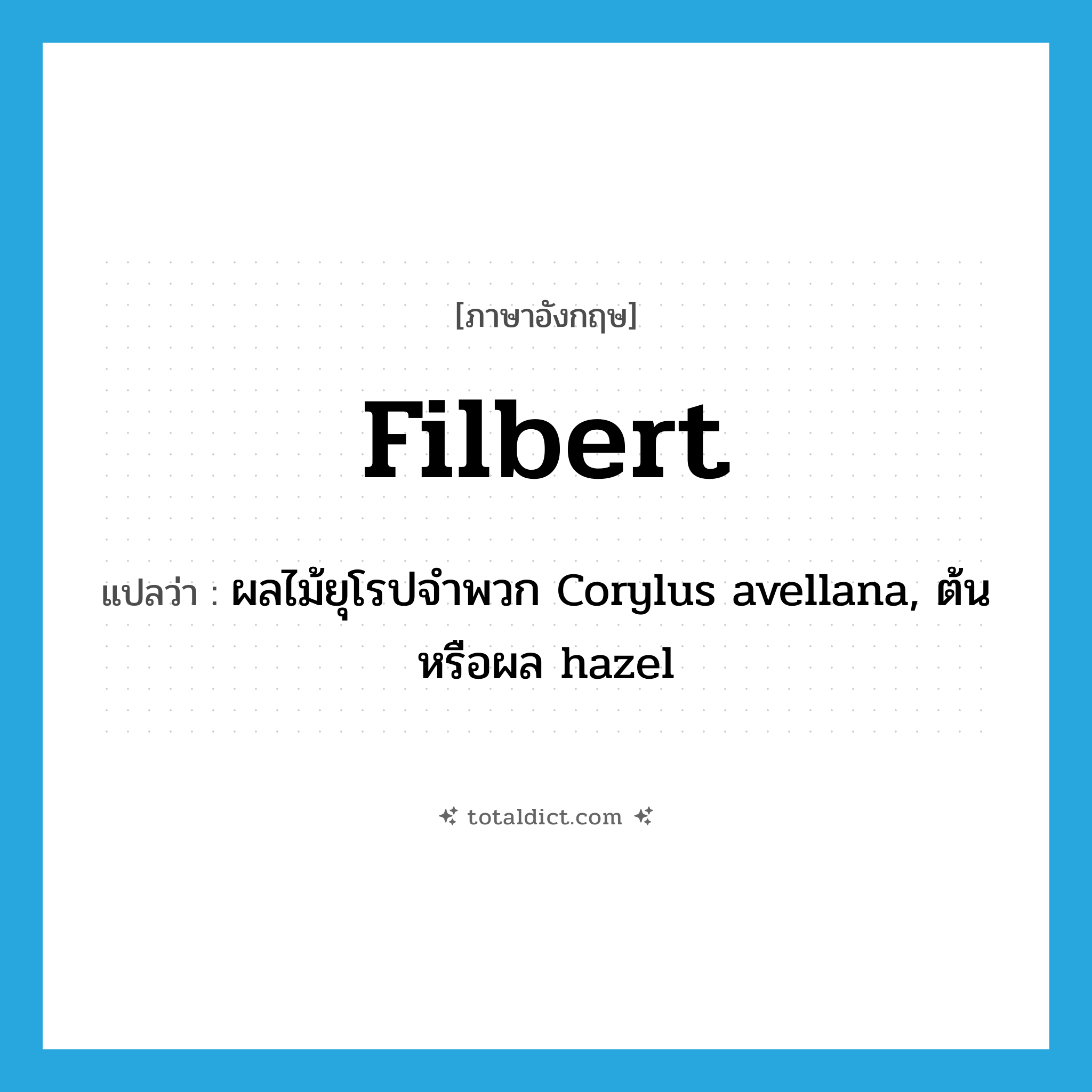 filbert แปลว่า?, คำศัพท์ภาษาอังกฤษ filbert แปลว่า ผลไม้ยุโรปจำพวก Corylus avellana, ต้นหรือผล hazel ประเภท N หมวด N