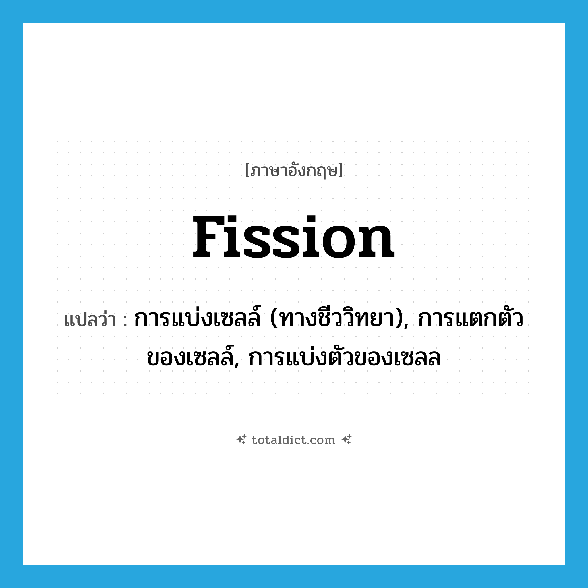 fission แปลว่า?, คำศัพท์ภาษาอังกฤษ fission แปลว่า การแบ่งเซลล์ (ทางชีววิทยา), การแตกตัวของเซลล์, การแบ่งตัวของเซลล ประเภท N หมวด N