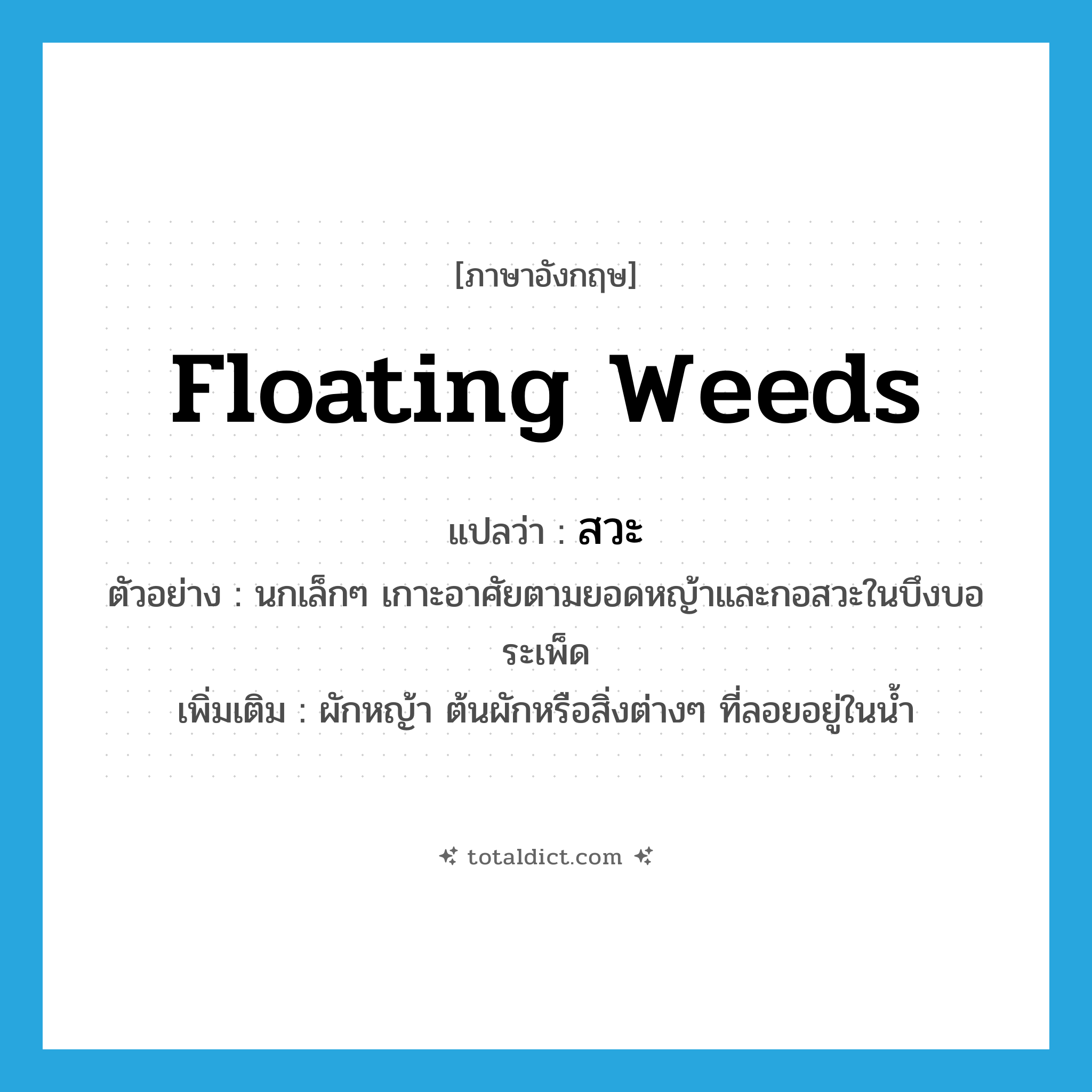 floating weeds แปลว่า?, คำศัพท์ภาษาอังกฤษ floating weeds แปลว่า สวะ ประเภท N ตัวอย่าง นกเล็กๆ เกาะอาศัยตามยอดหญ้าและกอสวะในบึงบอระเพ็ด เพิ่มเติม ผักหญ้า ต้นผักหรือสิ่งต่างๆ ที่ลอยอยู่ในน้ำ หมวด N