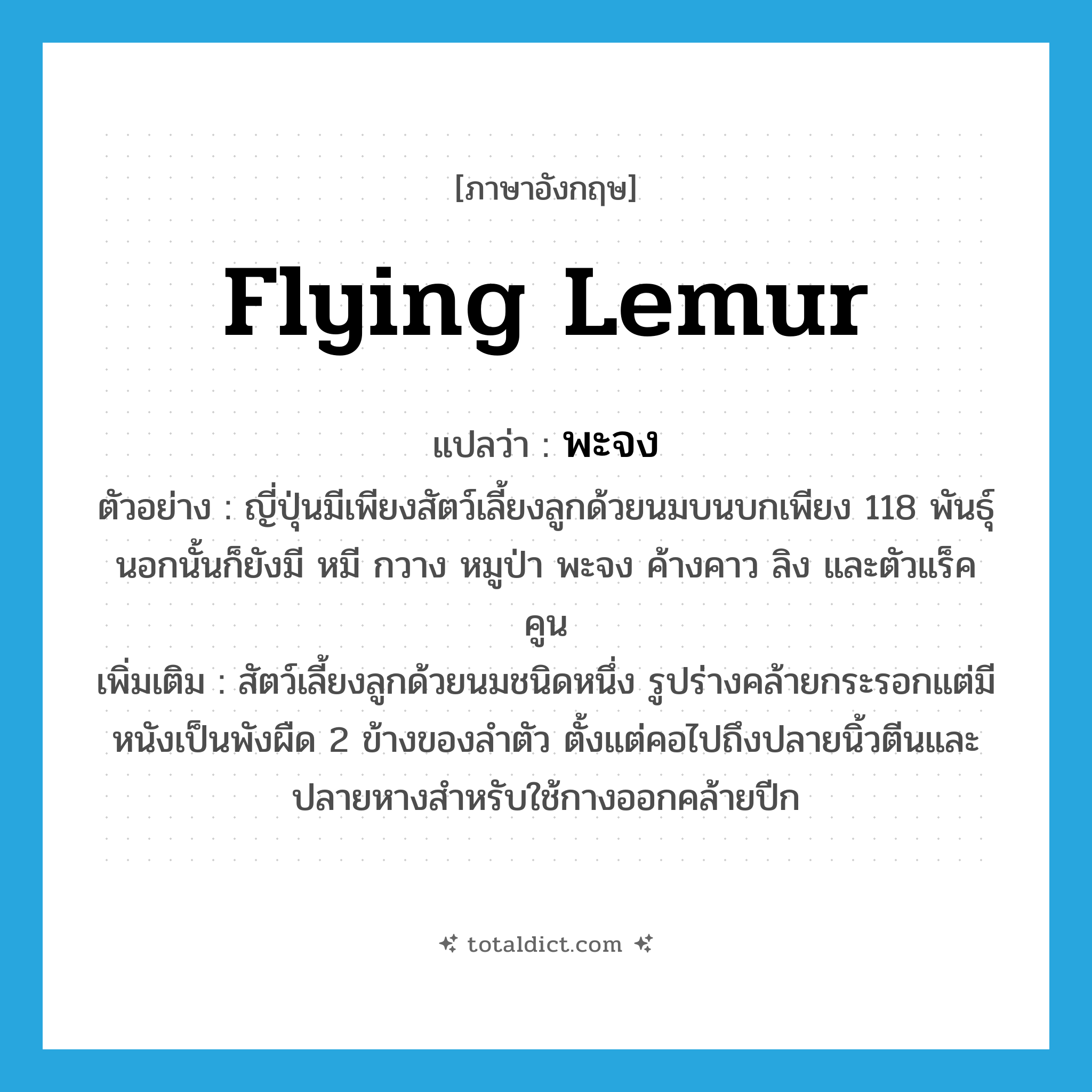 flying lemur แปลว่า?, คำศัพท์ภาษาอังกฤษ flying lemur แปลว่า พะจง ประเภท N ตัวอย่าง ญี่ปุ่นมีเพียงสัตว์เลี้ยงลูกด้วยนมบนบกเพียง 118 พันธุ์ นอกนั้นก็ยังมี หมี กวาง หมูป่า พะจง ค้างคาว ลิง และตัวแร็คคูน เพิ่มเติม สัตว์เลี้ยงลูกด้วยนมชนิดหนึ่ง รูปร่างคล้ายกระรอกแต่มีหนังเป็นพังผืด 2 ข้างของลำตัว ตั้งแต่คอไปถึงปลายนิ้วตีนและปลายหางสำหรับใช้กางออกคล้ายปีก หมวด N