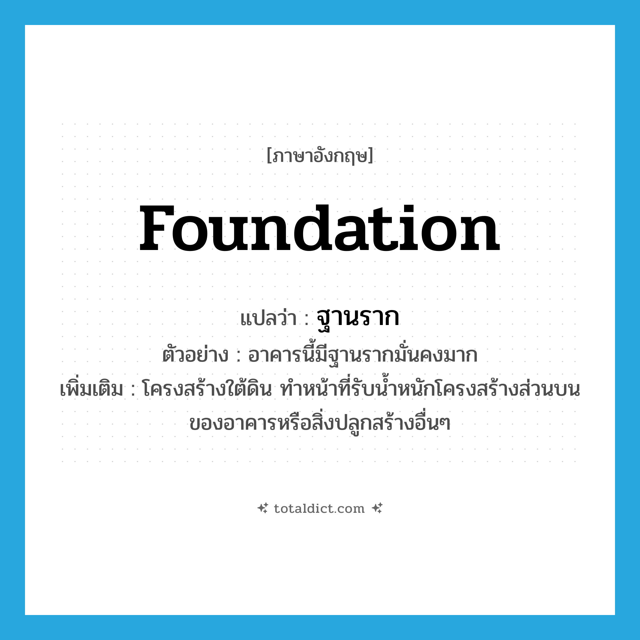 foundation แปลว่า?, คำศัพท์ภาษาอังกฤษ foundation แปลว่า ฐานราก ประเภท N ตัวอย่าง อาคารนี้มีฐานรากมั่นคงมาก เพิ่มเติม โครงสร้างใต้ดิน ทำหน้าที่รับน้ำหนักโครงสร้างส่วนบนของอาคารหรือสิ่งปลูกสร้างอื่นๆ หมวด N