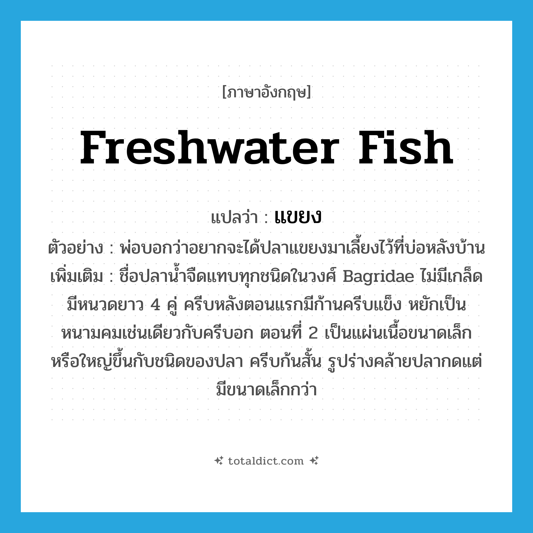 แขยง ภาษาอังกฤษ?, คำศัพท์ภาษาอังกฤษ แขยง แปลว่า freshwater fish ประเภท N ตัวอย่าง พ่อบอกว่าอยากจะได้ปลาแขยงมาเลี้ยงไว้ที่บ่อหลังบ้าน เพิ่มเติม ชื่อปลาน้ำจืดแทบทุกชนิดในวงศ์ Bagridae ไม่มีเกล็ด มีหนวดยาว 4 คู่ ครีบหลังตอนแรกมีก้านครีบแข็ง หยักเป็นหนามคมเช่นเดียวกับครีบอก ตอนที่ 2 เป็นแผ่นเนื้อขนาดเล็กหรือใหญ่ขึ้นกับชนิดของปลา ครีบก้นสั้น รูปร่างคล้ายปลากดแต่มีขนาดเล็กกว่า หมวด N