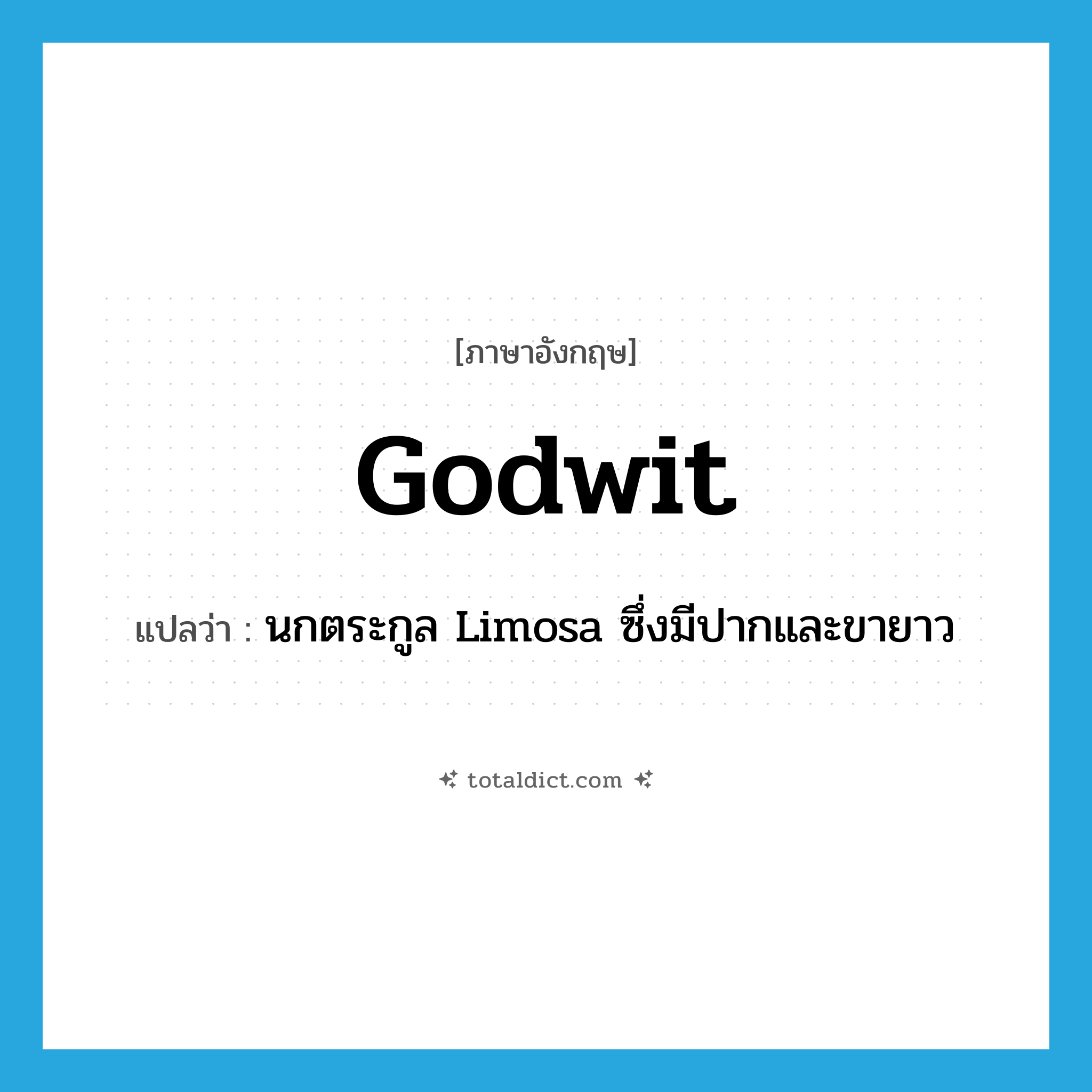 godwit แปลว่า?, คำศัพท์ภาษาอังกฤษ godwit แปลว่า นกตระกูล Limosa ซึ่งมีปากและขายาว ประเภท N หมวด N