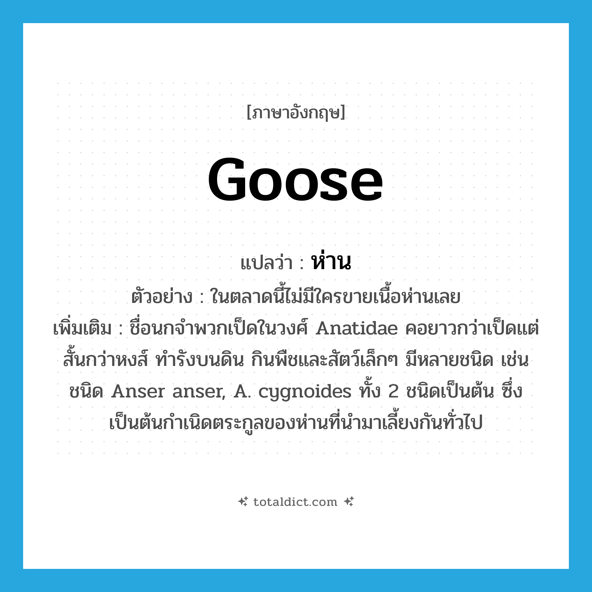 goose แปลว่า?, คำศัพท์ภาษาอังกฤษ goose แปลว่า ห่าน ประเภท N ตัวอย่าง ในตลาดนี้ไม่มีใครขายเนื้อห่านเลย เพิ่มเติม ชื่อนกจำพวกเป็ดในวงศ์ Anatidae คอยาวกว่าเป็ดแต่สั้นกว่าหงส์ ทำรังบนดิน กินพืชและสัตว์เล็กๆ มีหลายชนิด เช่น ชนิด Anser anser, A. cygnoides ทั้ง 2 ชนิดเป็นต้น ซึ่งเป็นต้นกำเนิดตระกูลของห่านที่นำมาเลี้ยงกันทั่วไป หมวด N
