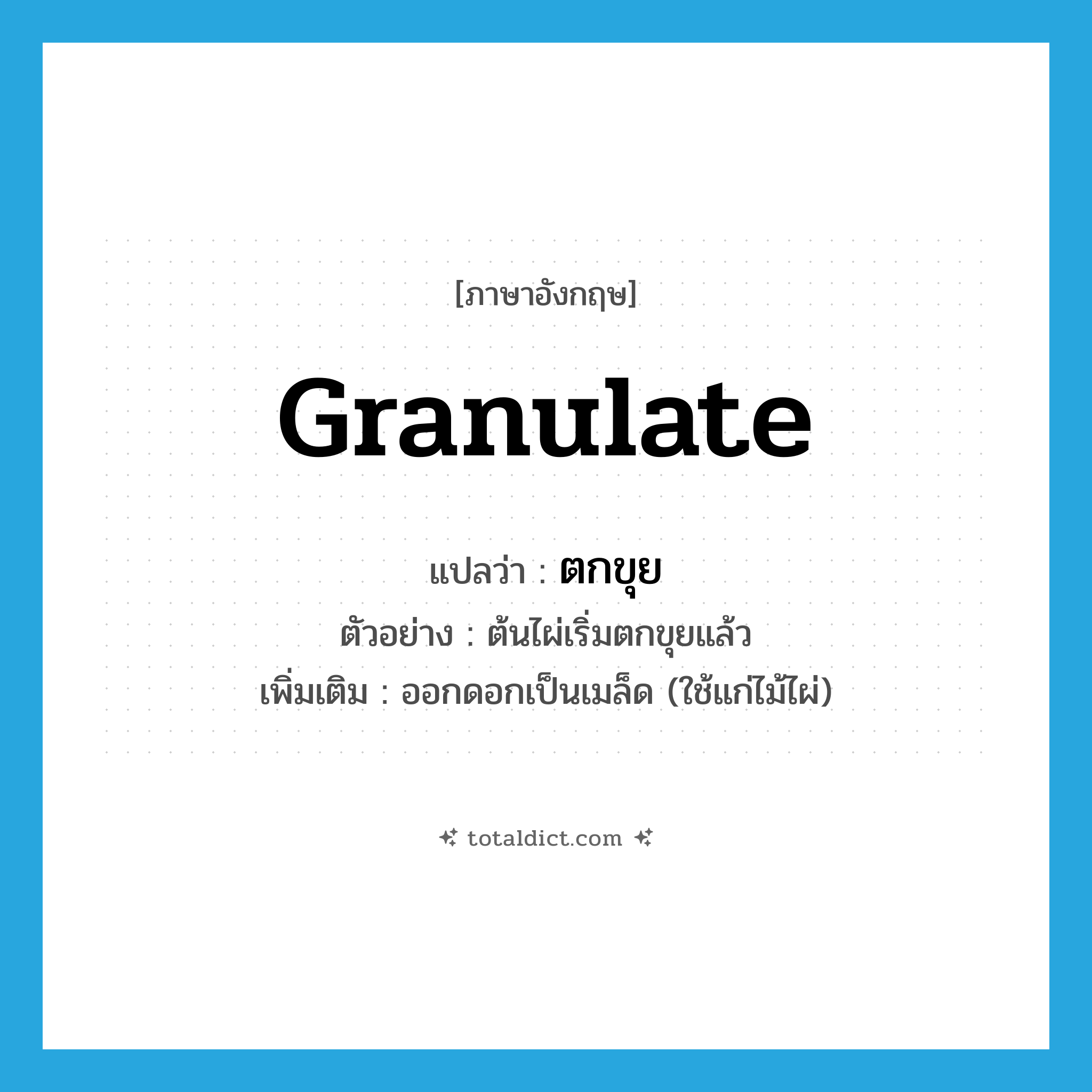 granulate แปลว่า?, คำศัพท์ภาษาอังกฤษ granulate แปลว่า ตกขุย ประเภท V ตัวอย่าง ต้นไผ่เริ่มตกขุยแล้ว เพิ่มเติม ออกดอกเป็นเมล็ด (ใช้แก่ไม้ไผ่) หมวด V