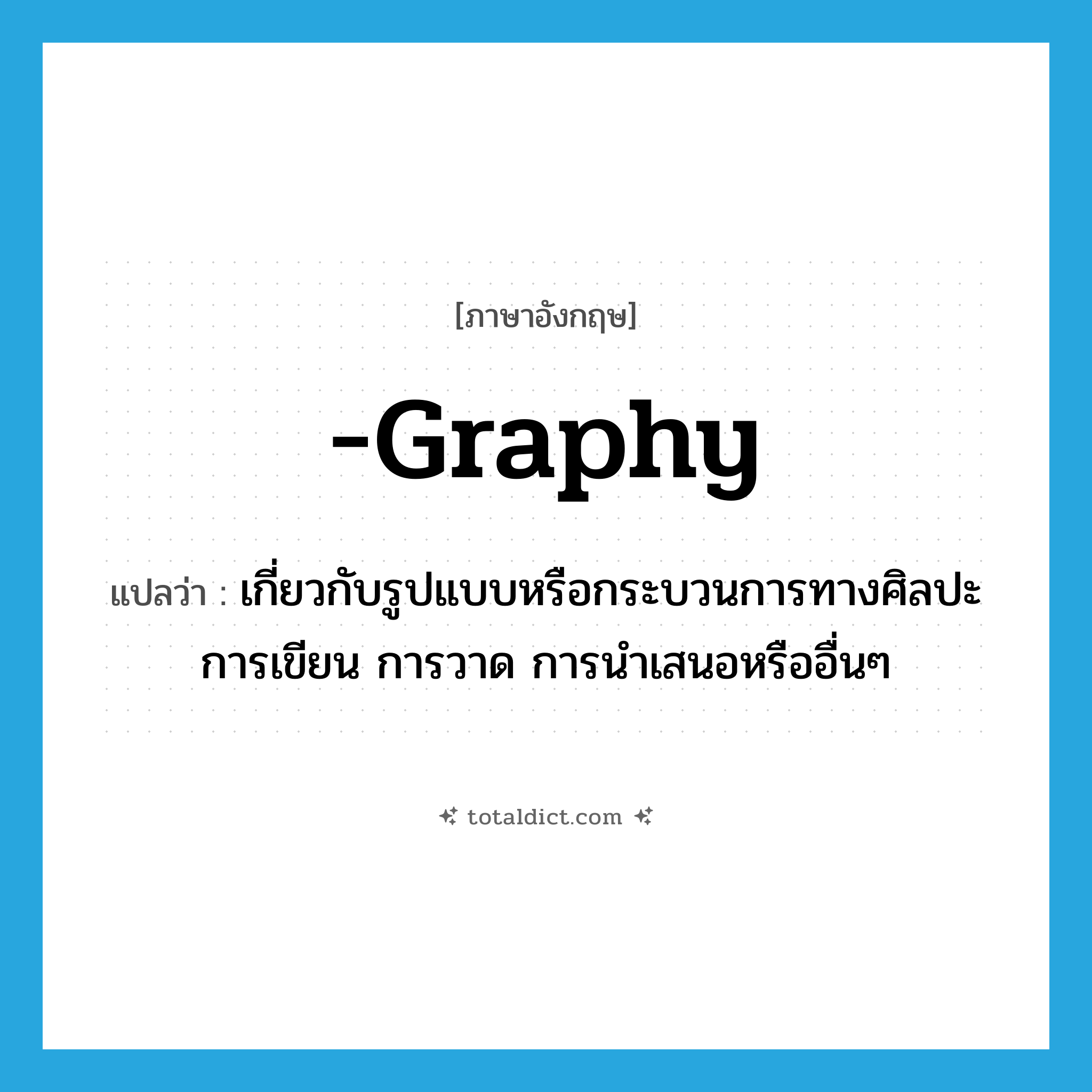 -graphy แปลว่า?, คำศัพท์ภาษาอังกฤษ -graphy แปลว่า เกี่ยวกับรูปแบบหรือกระบวนการทางศิลปะการเขียน การวาด การนำเสนอหรืออื่นๆ ประเภท SUF หมวด SUF