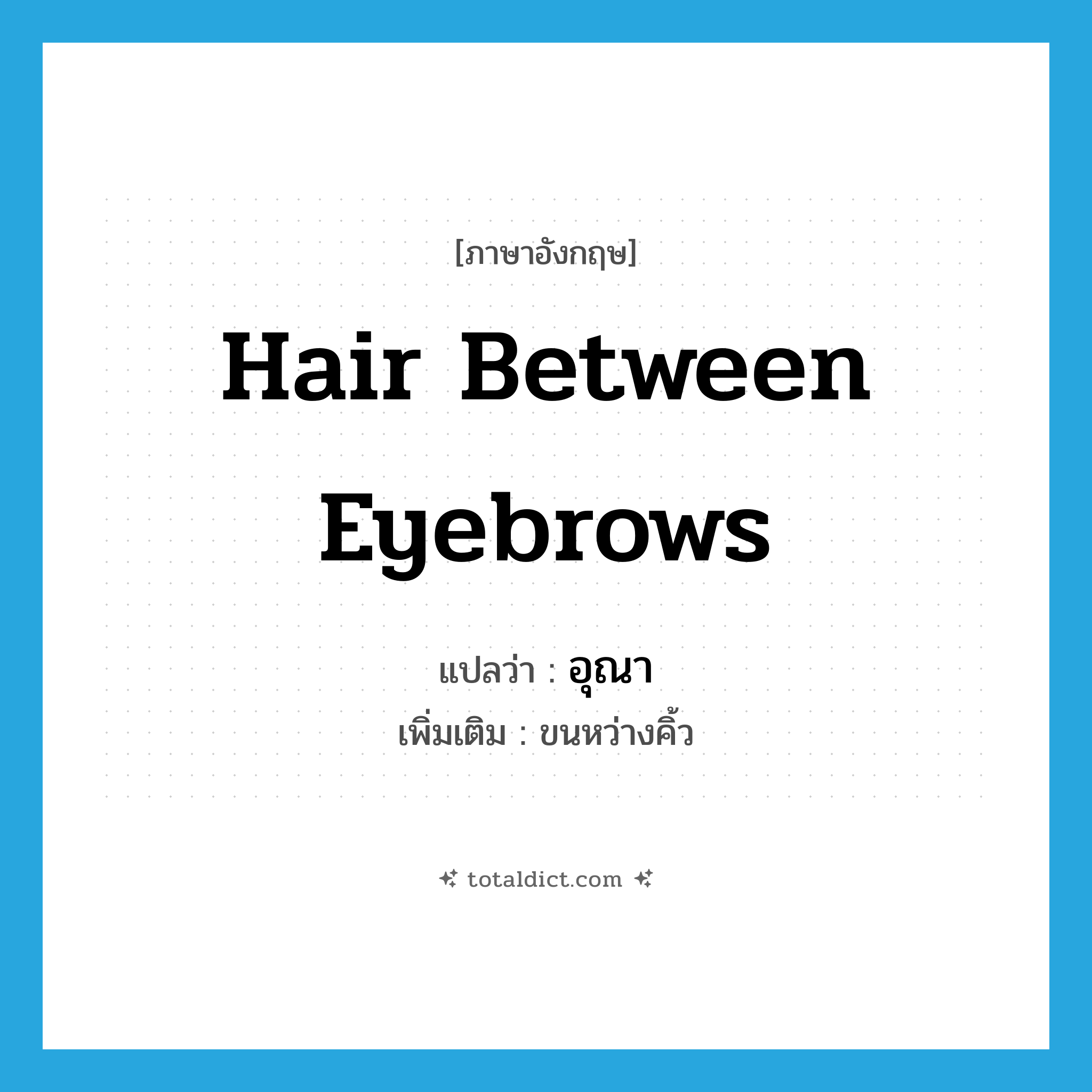 hair between eyebrows แปลว่า?, คำศัพท์ภาษาอังกฤษ hair between eyebrows แปลว่า อุณา ประเภท N เพิ่มเติม ขนหว่างคิ้ว หมวด N