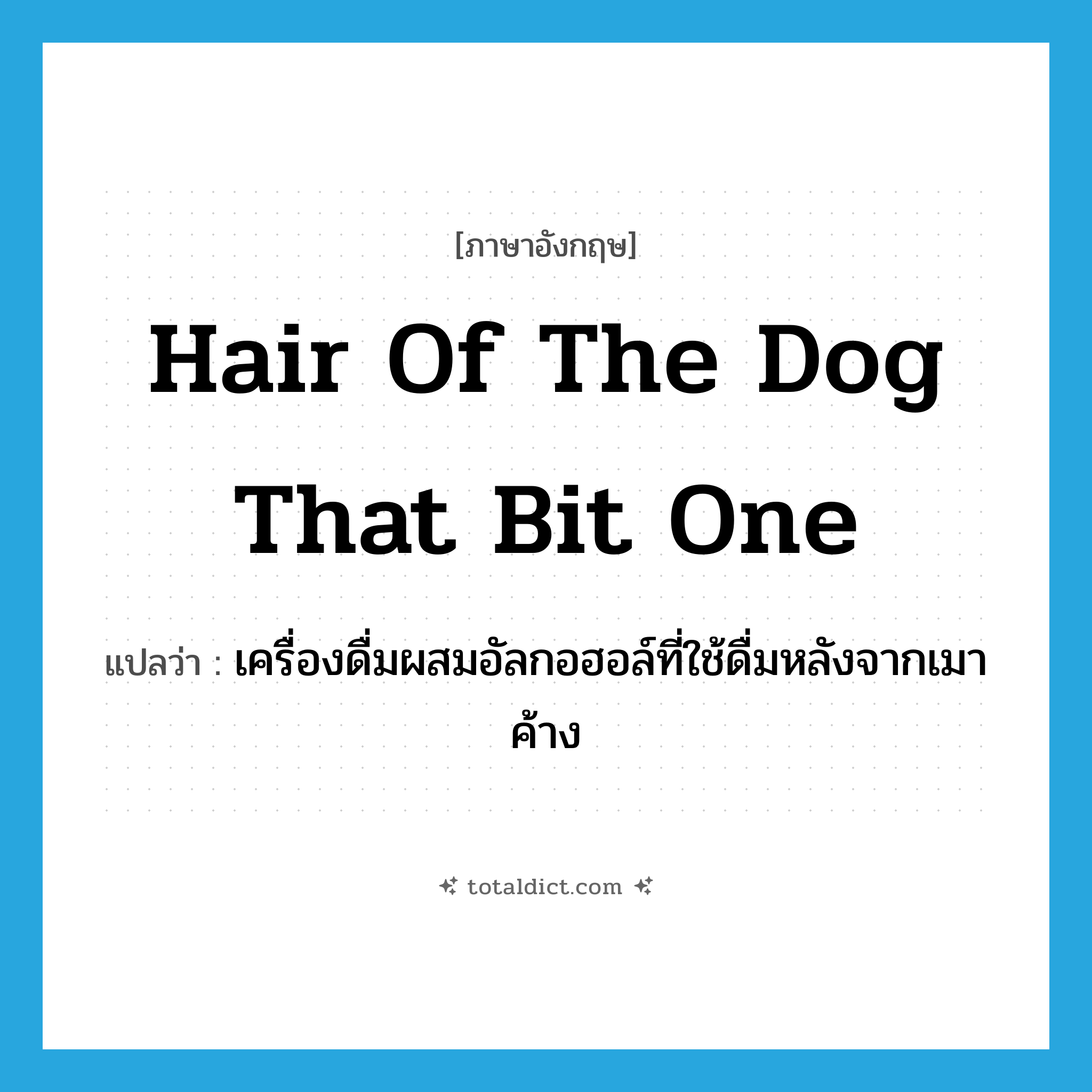 hair of the dog that bit one แปลว่า?, คำศัพท์ภาษาอังกฤษ hair of the dog that bit one แปลว่า เครื่องดื่มผสมอัลกอฮอล์ที่ใช้ดื่มหลังจากเมาค้าง ประเภท IDM หมวด IDM