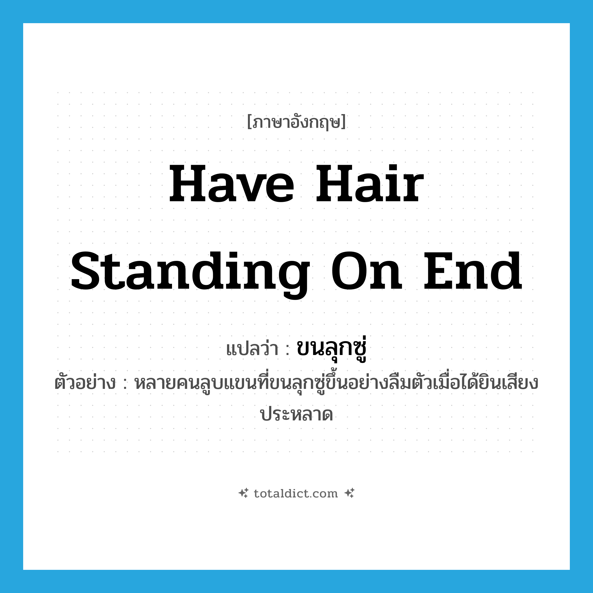 have hair standing on end แปลว่า?, คำศัพท์ภาษาอังกฤษ have hair standing on end แปลว่า ขนลุกซู่ ประเภท V ตัวอย่าง หลายคนลูบแขนที่ขนลุกซู่ขึ้นอย่างลืมตัวเมื่อได้ยินเสียงประหลาด หมวด V
