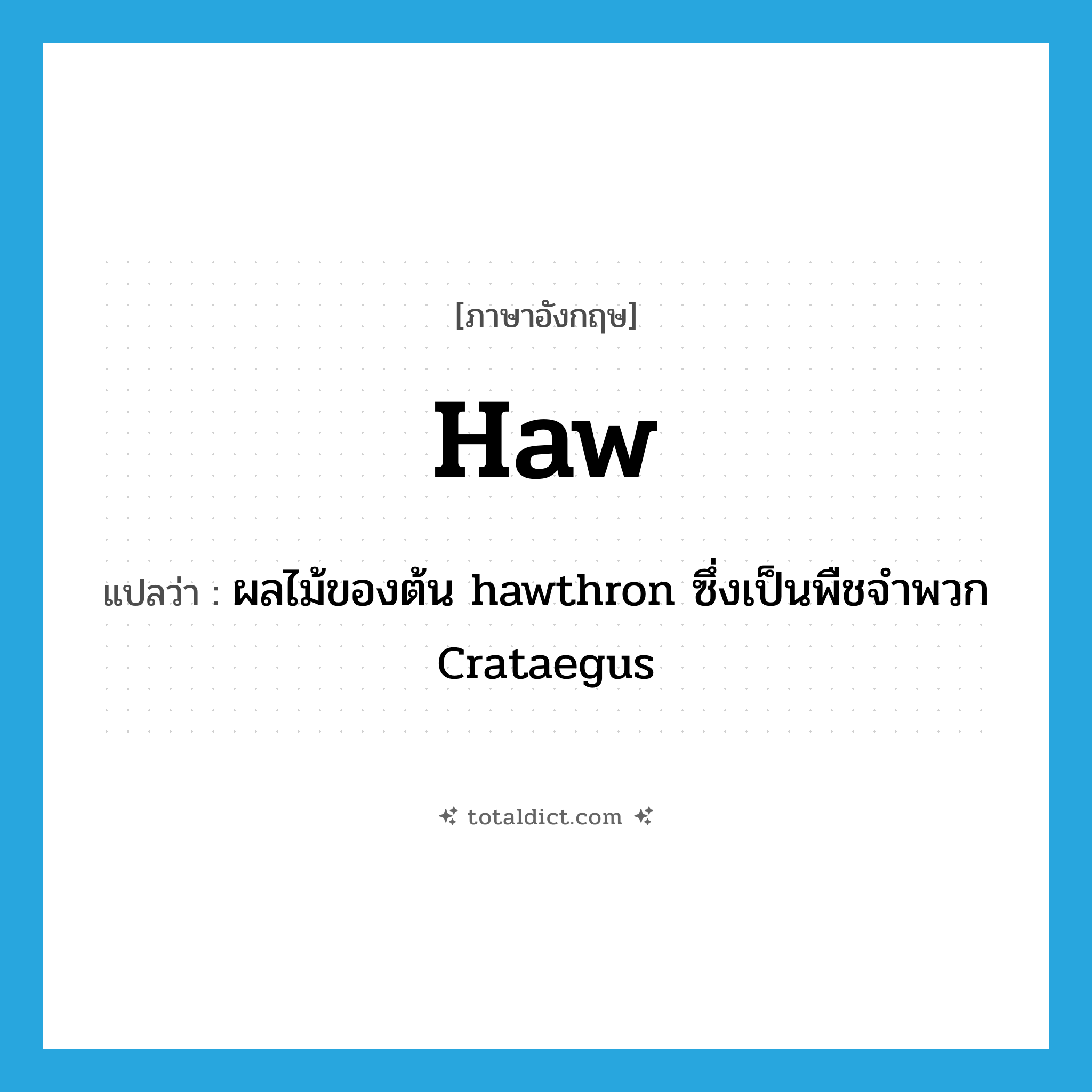 haw แปลว่า?, คำศัพท์ภาษาอังกฤษ haw แปลว่า ผลไม้ของต้น hawthron ซึ่งเป็นพืชจำพวก Crataegus ประเภท N หมวด N