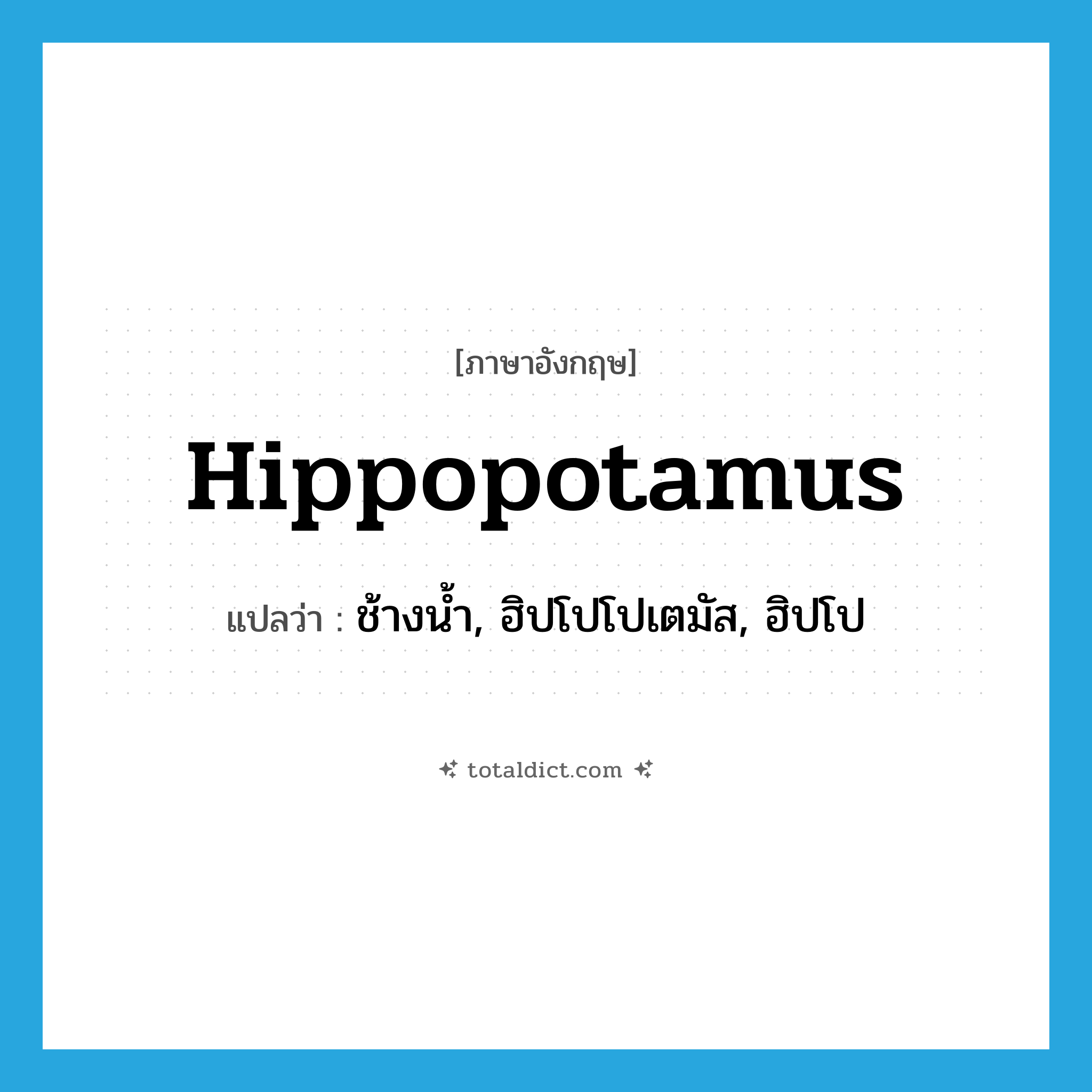 hippopotamus แปลว่า?, คำศัพท์ภาษาอังกฤษ hippopotamus แปลว่า ช้างน้ำ, ฮิปโปโปเตมัส, ฮิปโป ประเภท N หมวด N