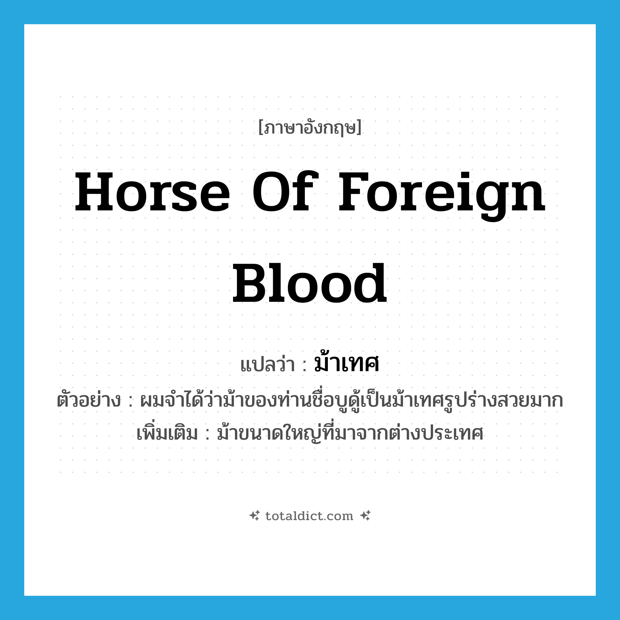 horse of foreign blood แปลว่า?, คำศัพท์ภาษาอังกฤษ horse of foreign blood แปลว่า ม้าเทศ ประเภท N ตัวอย่าง ผมจำได้ว่าม้าของท่านชื่อบูดู้เป็นม้าเทศรูปร่างสวยมาก เพิ่มเติม ม้าขนาดใหญ่ที่มาจากต่างประเทศ หมวด N