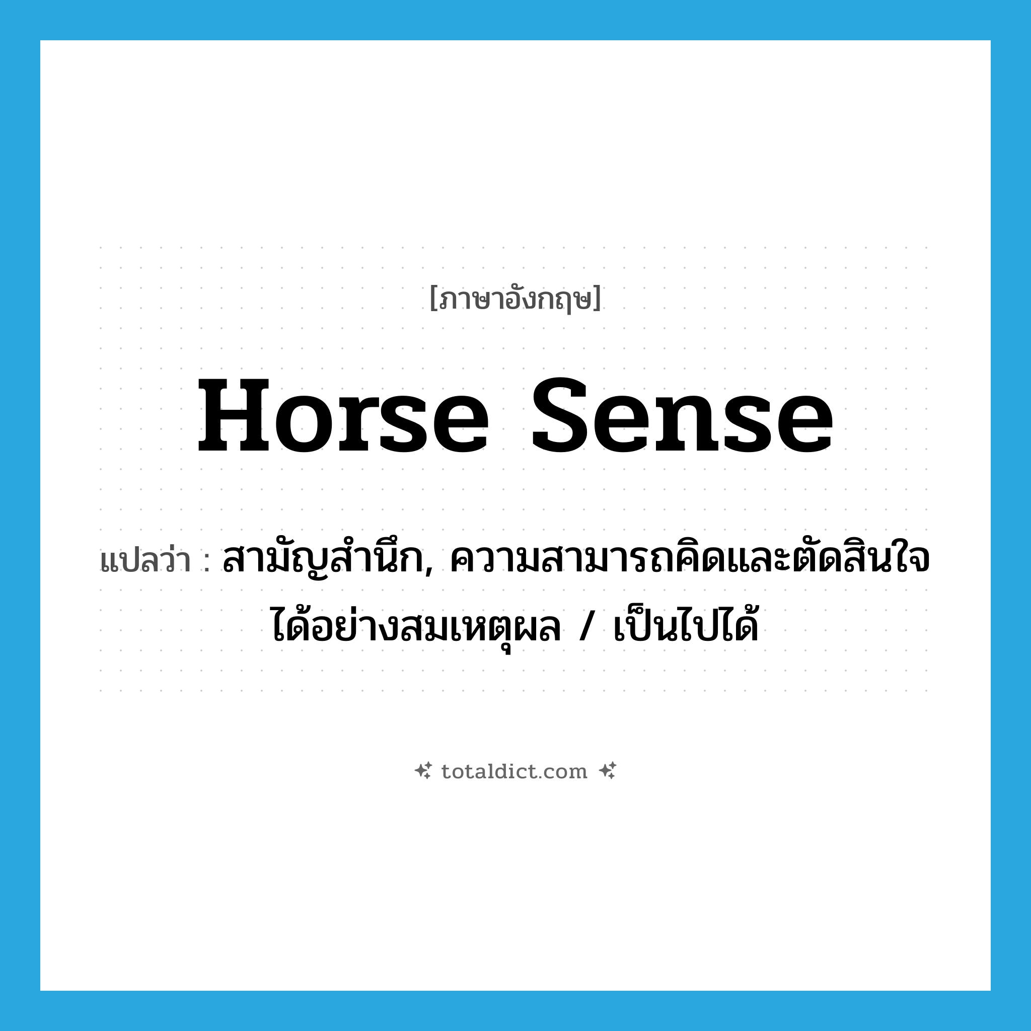horse sense แปลว่า?, คำศัพท์ภาษาอังกฤษ horse sense แปลว่า สามัญสำนึก, ความสามารถคิดและตัดสินใจได้อย่างสมเหตุผล / เป็นไปได้ ประเภท IDM หมวด IDM