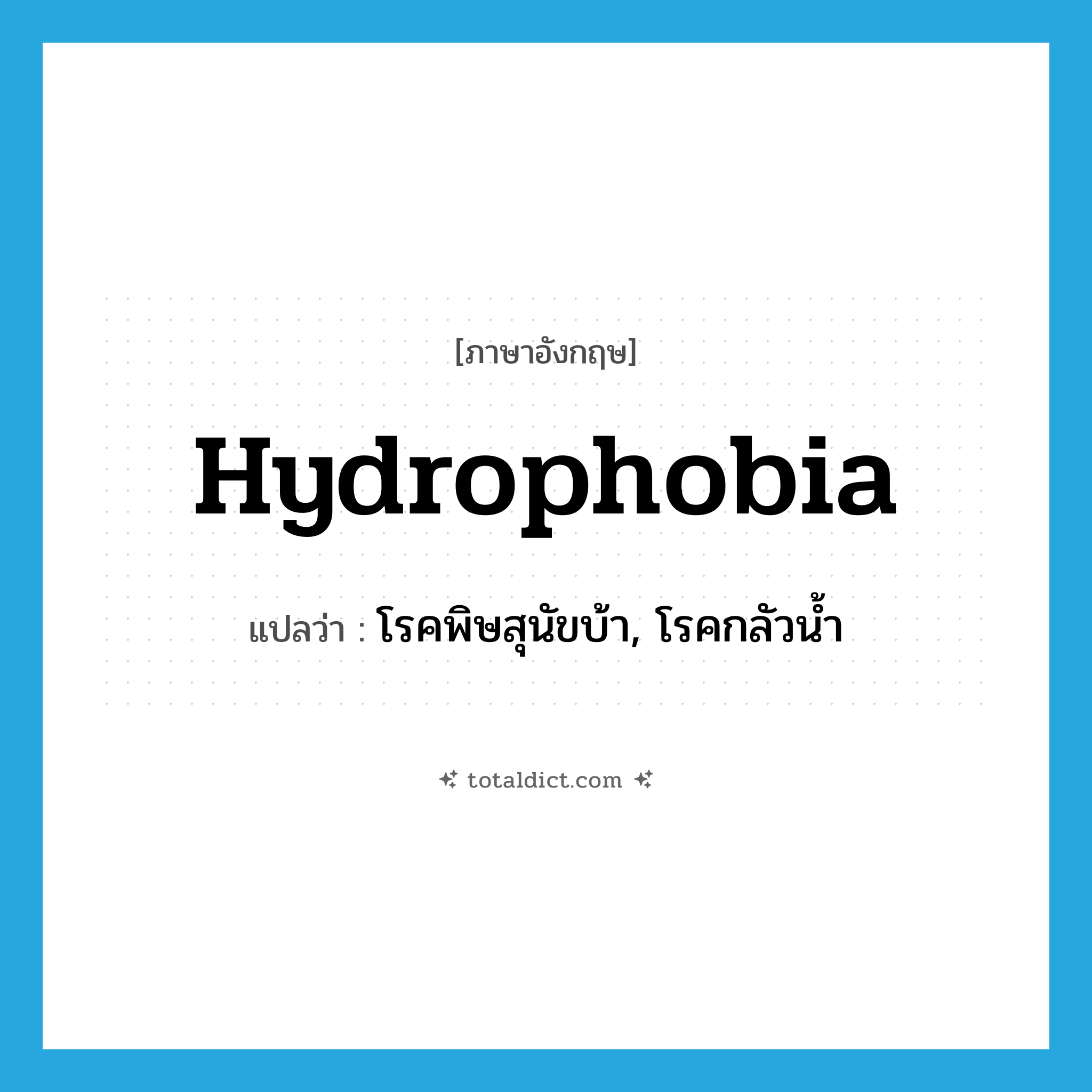 hydrophobia แปลว่า?, คำศัพท์ภาษาอังกฤษ hydrophobia แปลว่า โรคพิษสุนัขบ้า, โรคกลัวน้ำ ประเภท N หมวด N