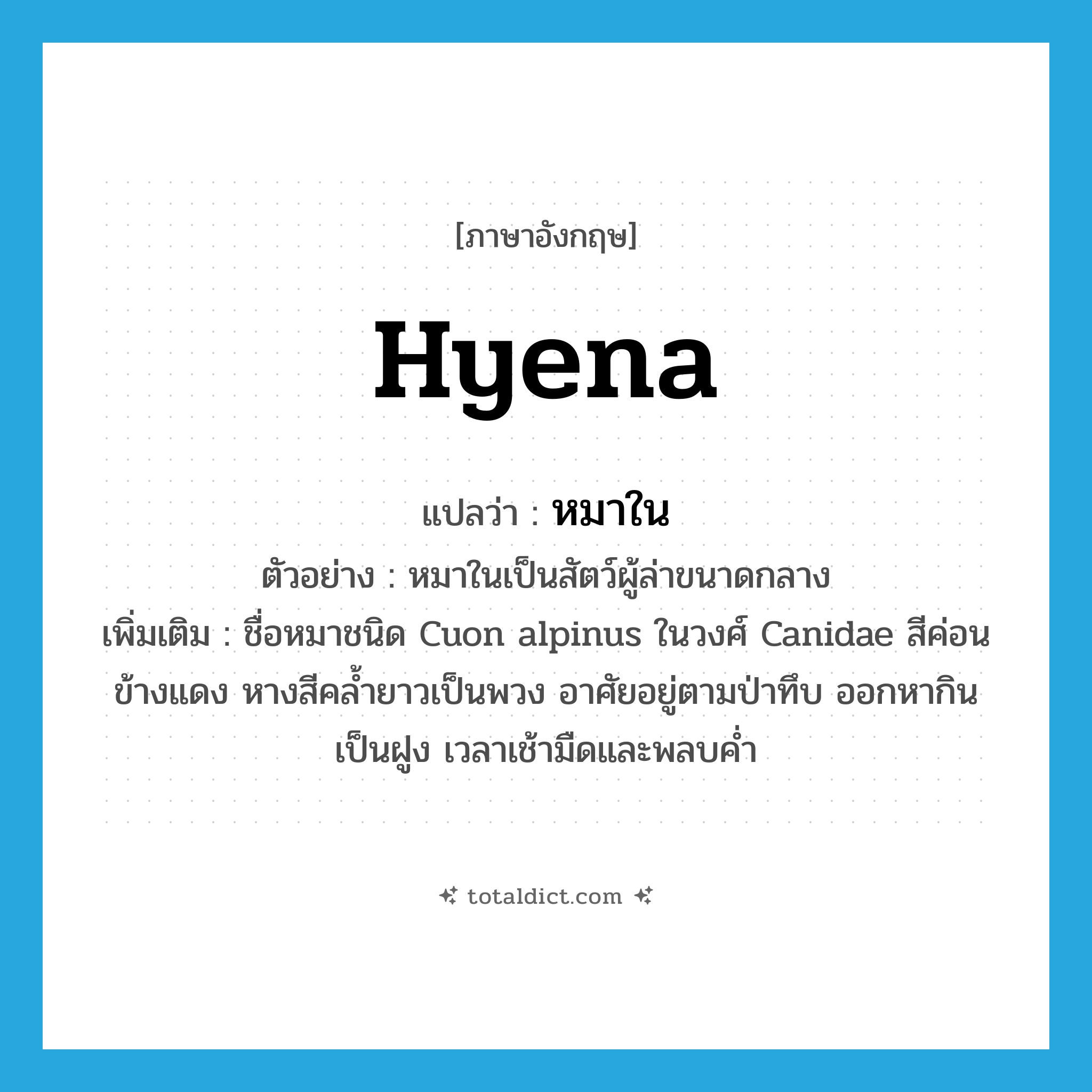 hyena แปลว่า?, คำศัพท์ภาษาอังกฤษ hyena แปลว่า หมาใน ประเภท N ตัวอย่าง หมาในเป็นสัตว์ผู้ล่าขนาดกลาง เพิ่มเติม ชื่อหมาชนิด Cuon alpinus ในวงศ์ Canidae สีค่อนข้างแดง หางสีคล้ำยาวเป็นพวง อาศัยอยู่ตามป่าทึบ ออกหากินเป็นฝูง เวลาเช้ามืดและพลบค่ำ หมวด N
