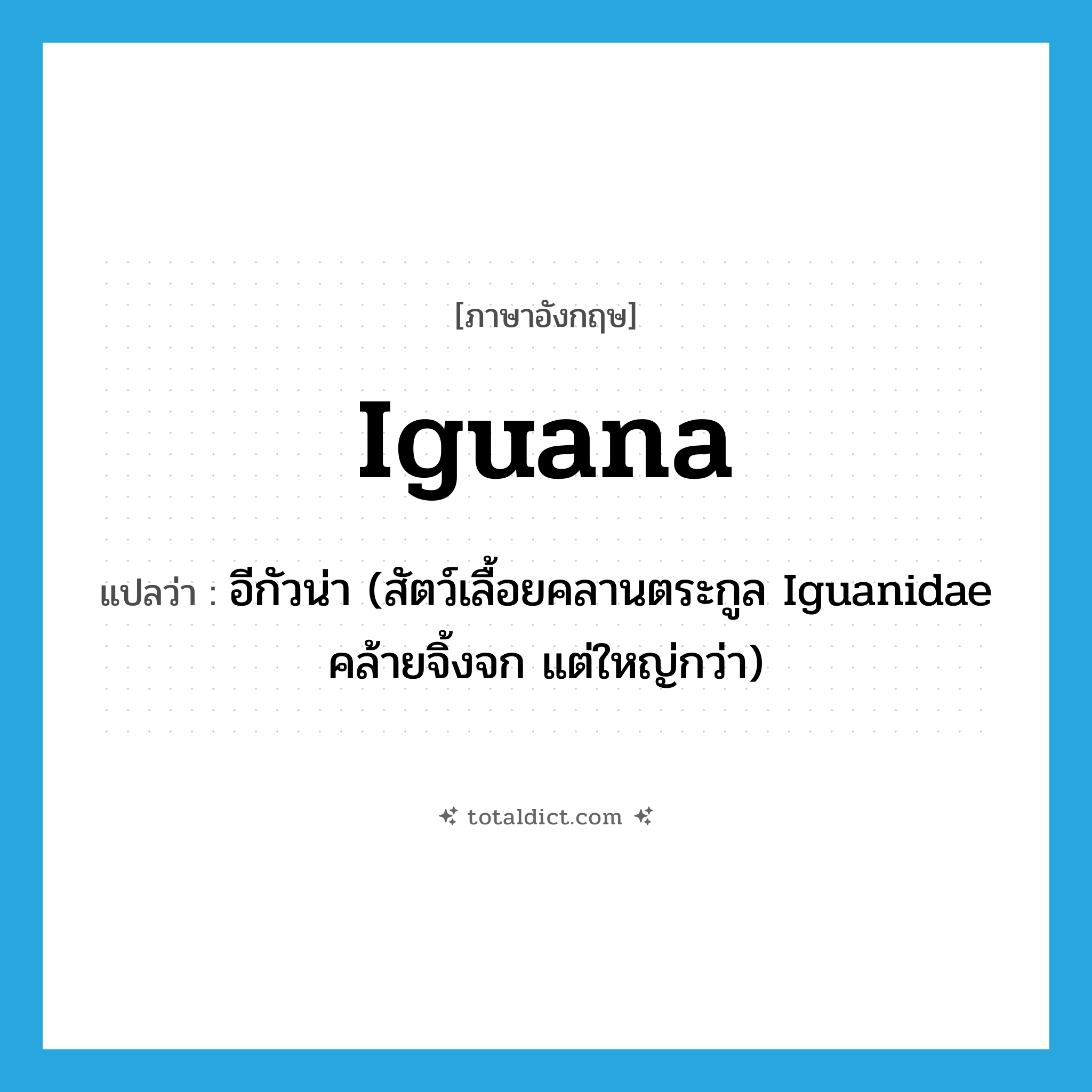 iguana แปลว่า?, คำศัพท์ภาษาอังกฤษ iguana แปลว่า อีกัวน่า (สัตว์เลื้อยคลานตระกูล Iguanidae คล้ายจิ้งจก แต่ใหญ่กว่า) ประเภท N หมวด N
