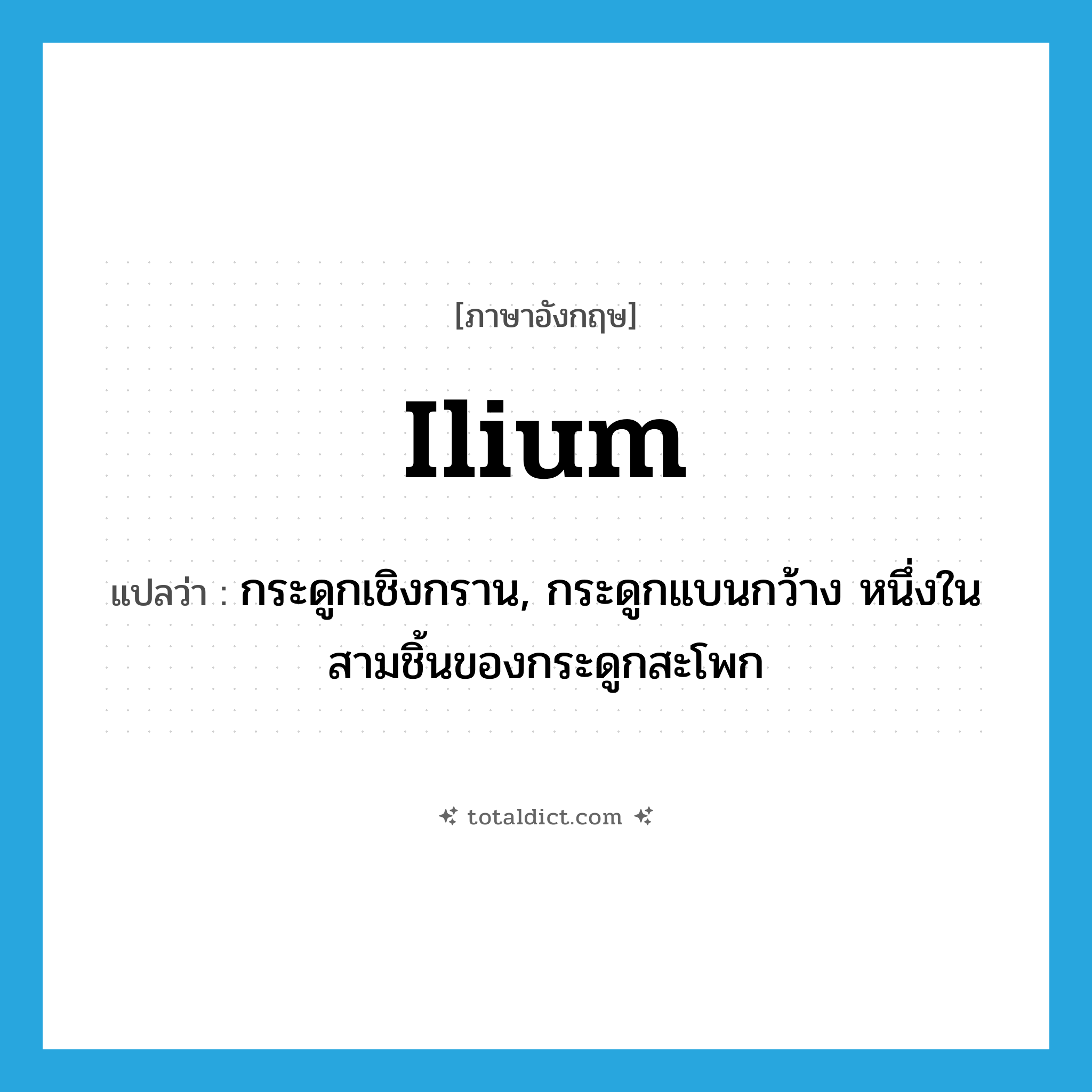 ilium แปลว่า?, คำศัพท์ภาษาอังกฤษ ilium แปลว่า กระดูกเชิงกราน, กระดูกแบนกว้าง หนึ่งในสามชิ้นของกระดูกสะโพก ประเภท N หมวด N