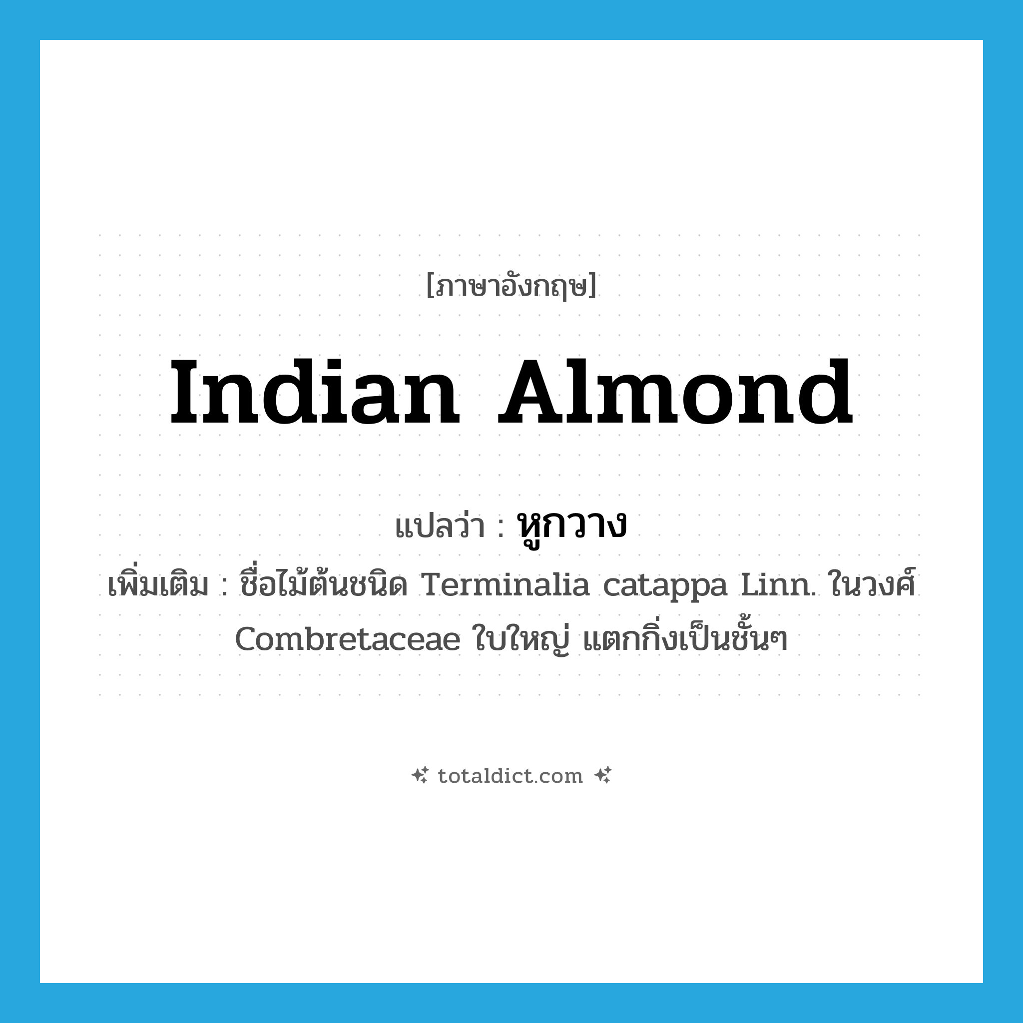 Indian almond แปลว่า?, คำศัพท์ภาษาอังกฤษ Indian almond แปลว่า หูกวาง ประเภท N เพิ่มเติม ชื่อไม้ต้นชนิด Terminalia catappa Linn. ในวงศ์ Combretaceae ใบใหญ่ แตกกิ่งเป็นชั้นๆ หมวด N