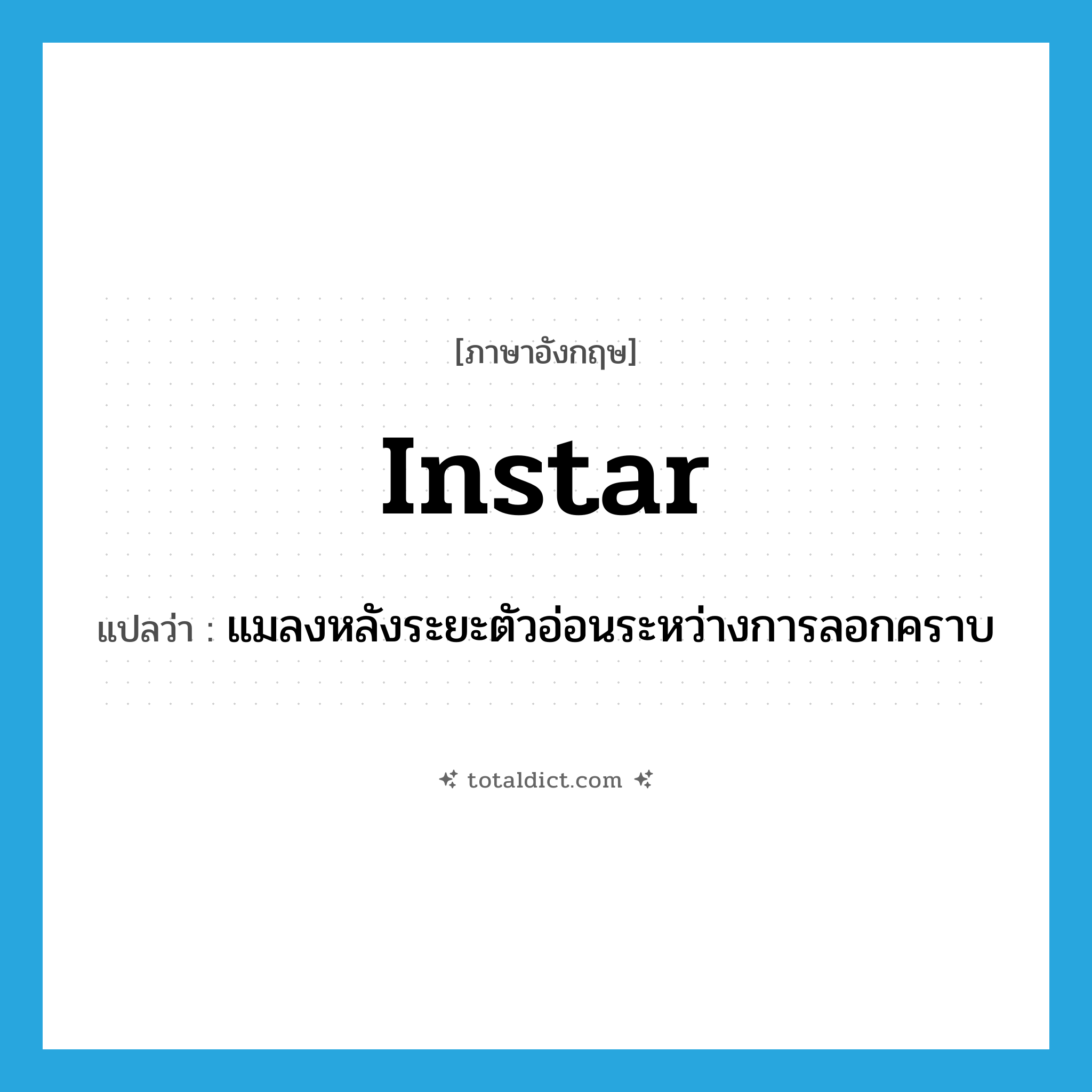 instar แปลว่า?, คำศัพท์ภาษาอังกฤษ instar แปลว่า แมลงหลังระยะตัวอ่อนระหว่างการลอกคราบ ประเภท N หมวด N