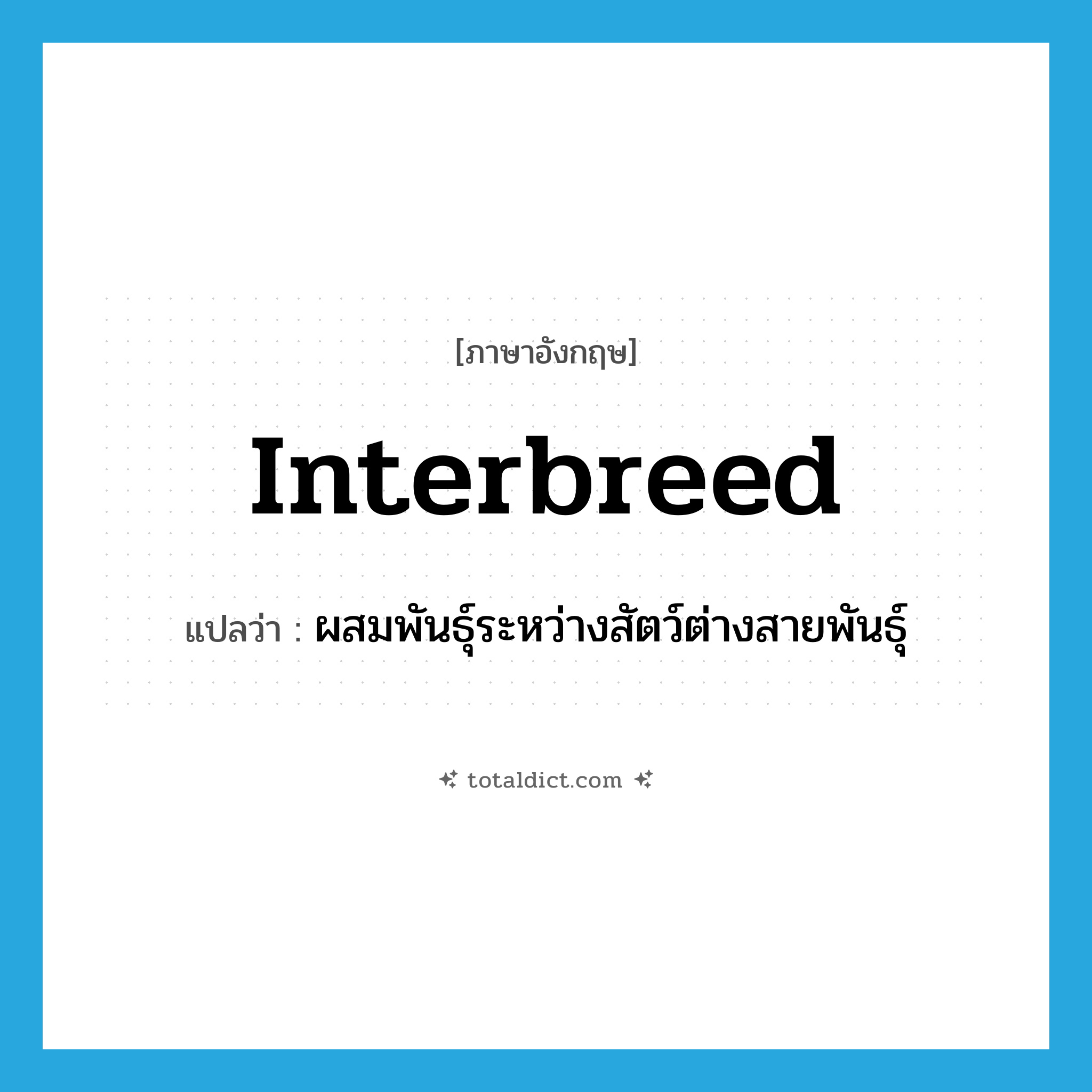 interbreed แปลว่า?, คำศัพท์ภาษาอังกฤษ interbreed แปลว่า ผสมพันธุ์ระหว่างสัตว์ต่างสายพันธุ์ ประเภท VI หมวด VI