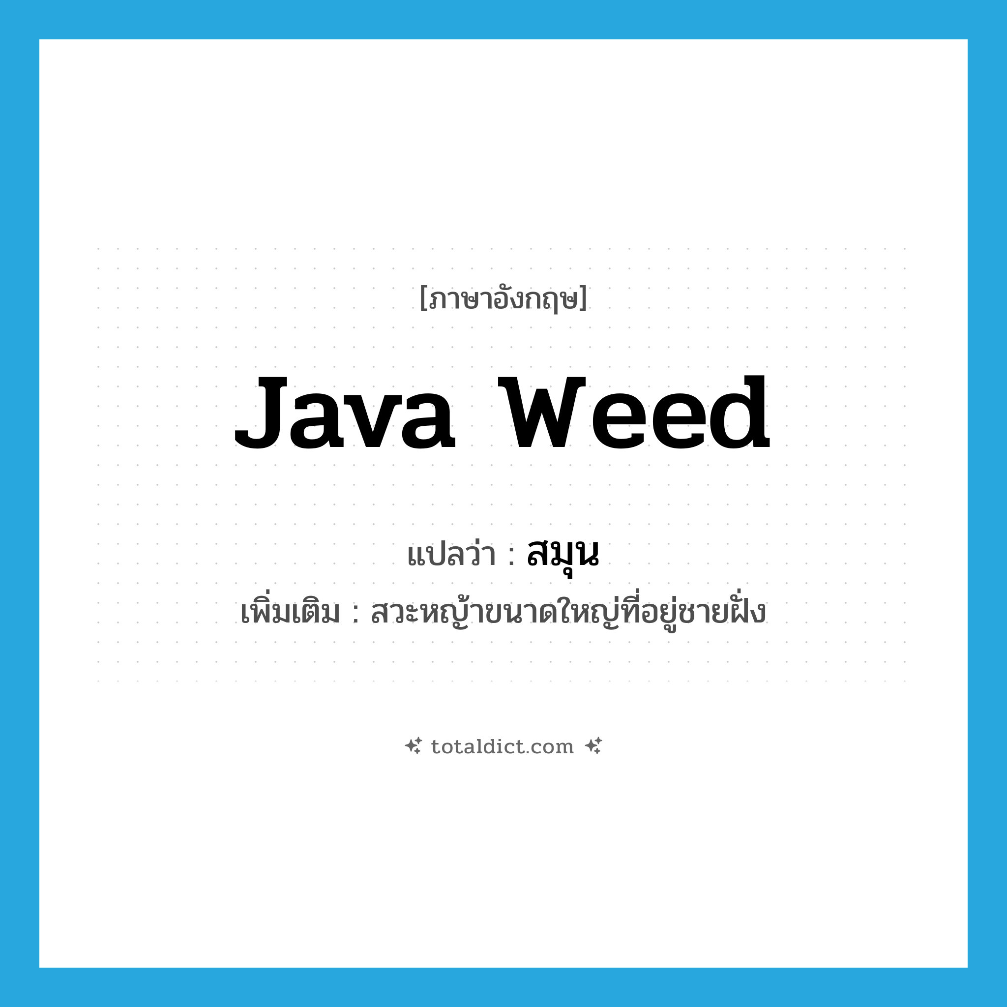 สมุน ภาษาอังกฤษ?, คำศัพท์ภาษาอังกฤษ สมุน แปลว่า Java weed ประเภท N เพิ่มเติม สวะหญ้าขนาดใหญ่ที่อยู่ชายฝั่ง หมวด N
