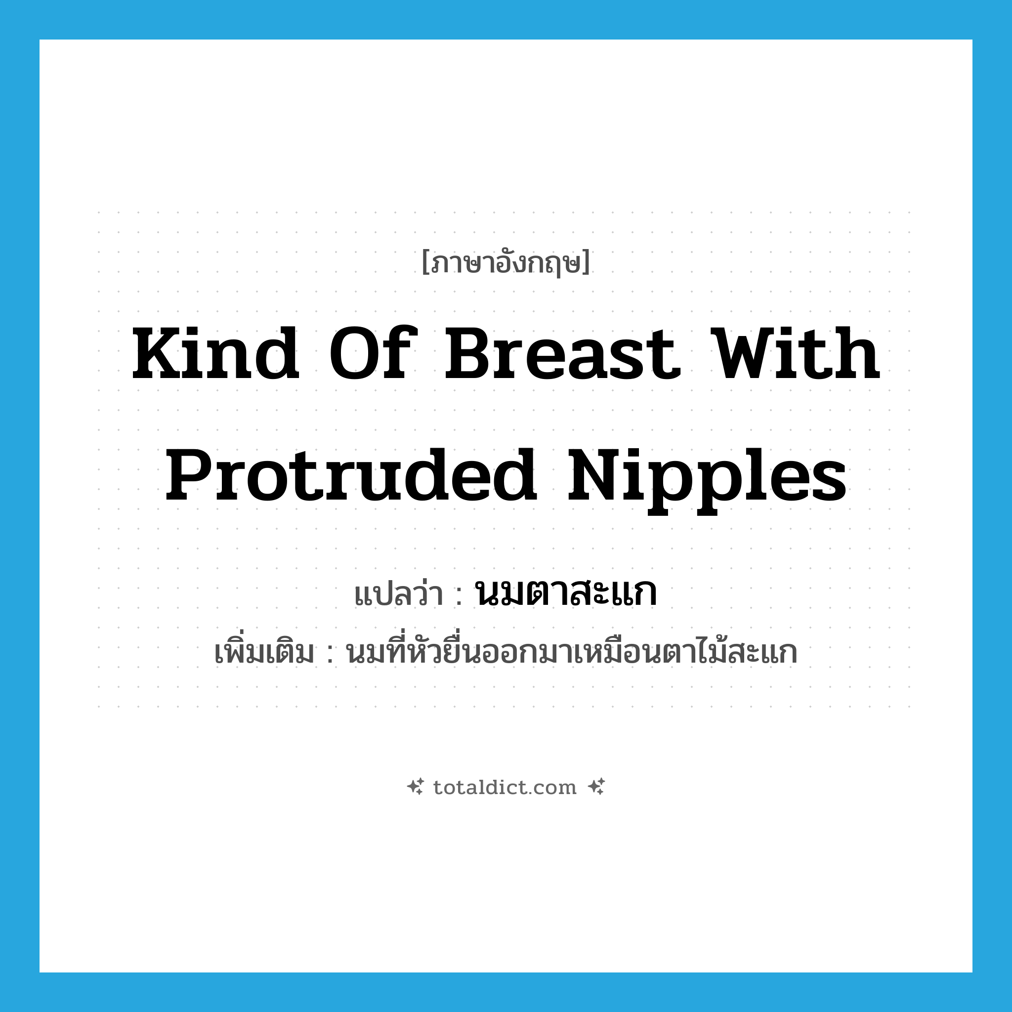 kind of breast with protruded nipples แปลว่า?, คำศัพท์ภาษาอังกฤษ kind of breast with protruded nipples แปลว่า นมตาสะแก ประเภท N เพิ่มเติม นมที่หัวยื่นออกมาเหมือนตาไม้สะแก หมวด N