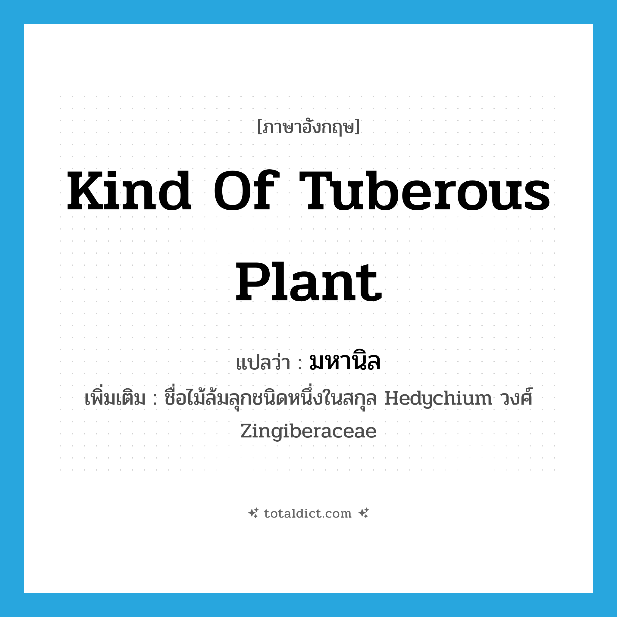 kind of tuberous plant แปลว่า?, คำศัพท์ภาษาอังกฤษ kind of tuberous plant แปลว่า มหานิล ประเภท N เพิ่มเติม ชื่อไม้ล้มลุกชนิดหนึ่งในสกุล Hedychium วงศ์ Zingiberaceae หมวด N