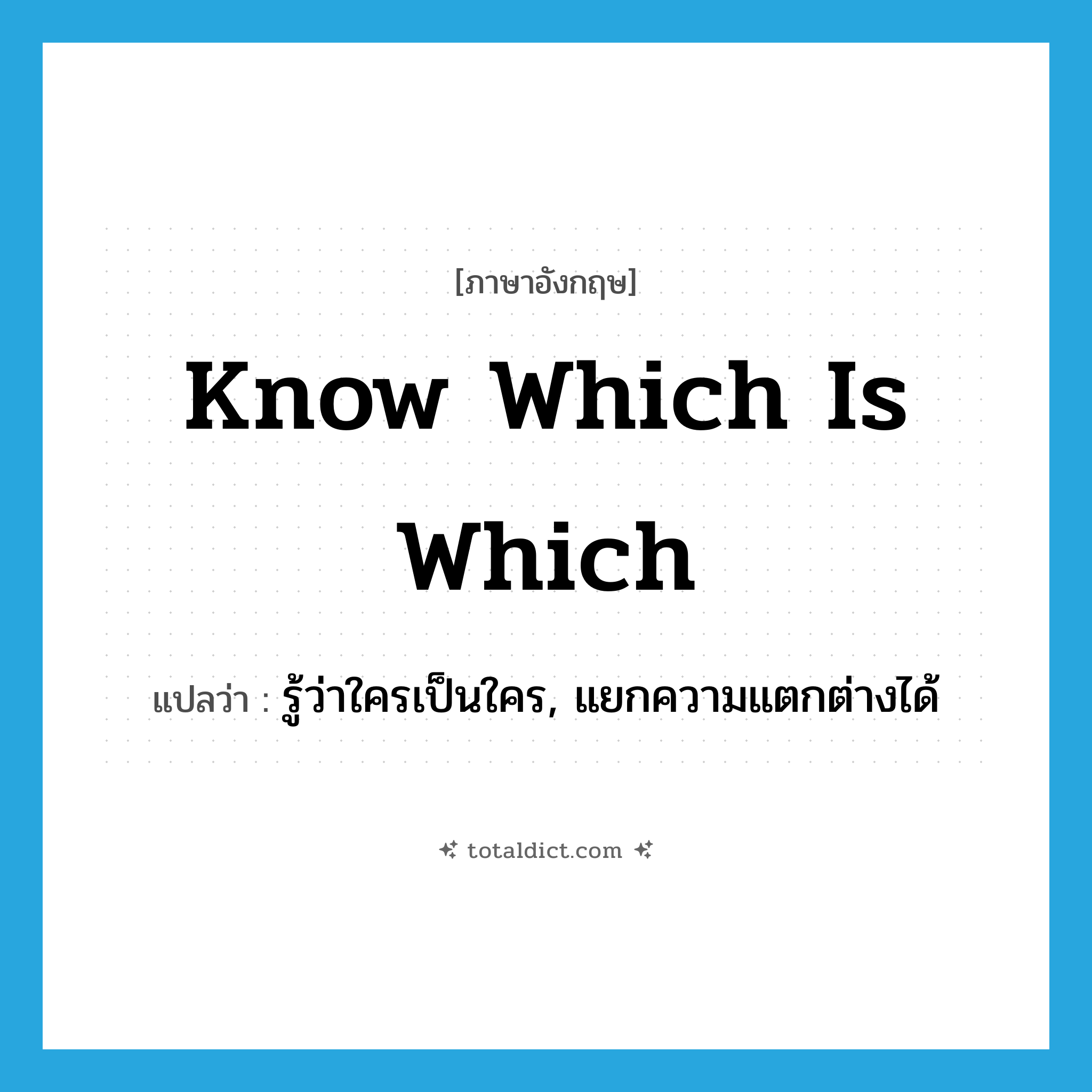 know which is which แปลว่า?, คำศัพท์ภาษาอังกฤษ know which is which แปลว่า รู้ว่าใครเป็นใคร, แยกความแตกต่างได้ ประเภท IDM หมวด IDM