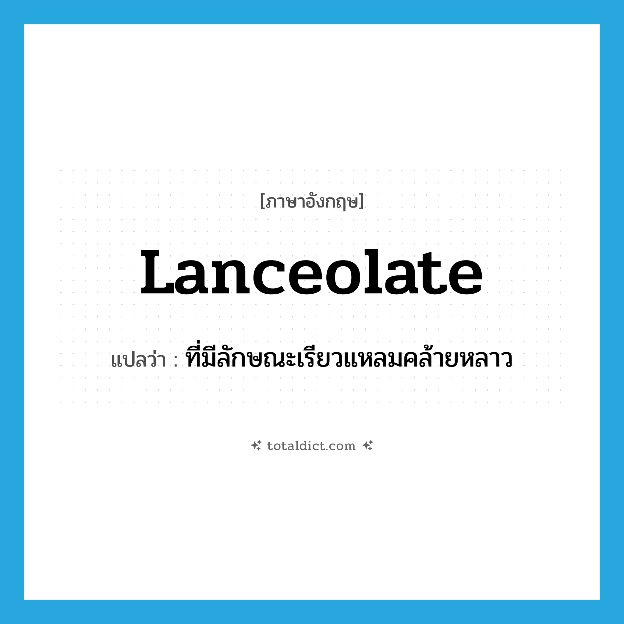 lanceolate แปลว่า?, คำศัพท์ภาษาอังกฤษ lanceolate แปลว่า ที่มีลักษณะเรียวแหลมคล้ายหลาว ประเภท ADJ หมวด ADJ