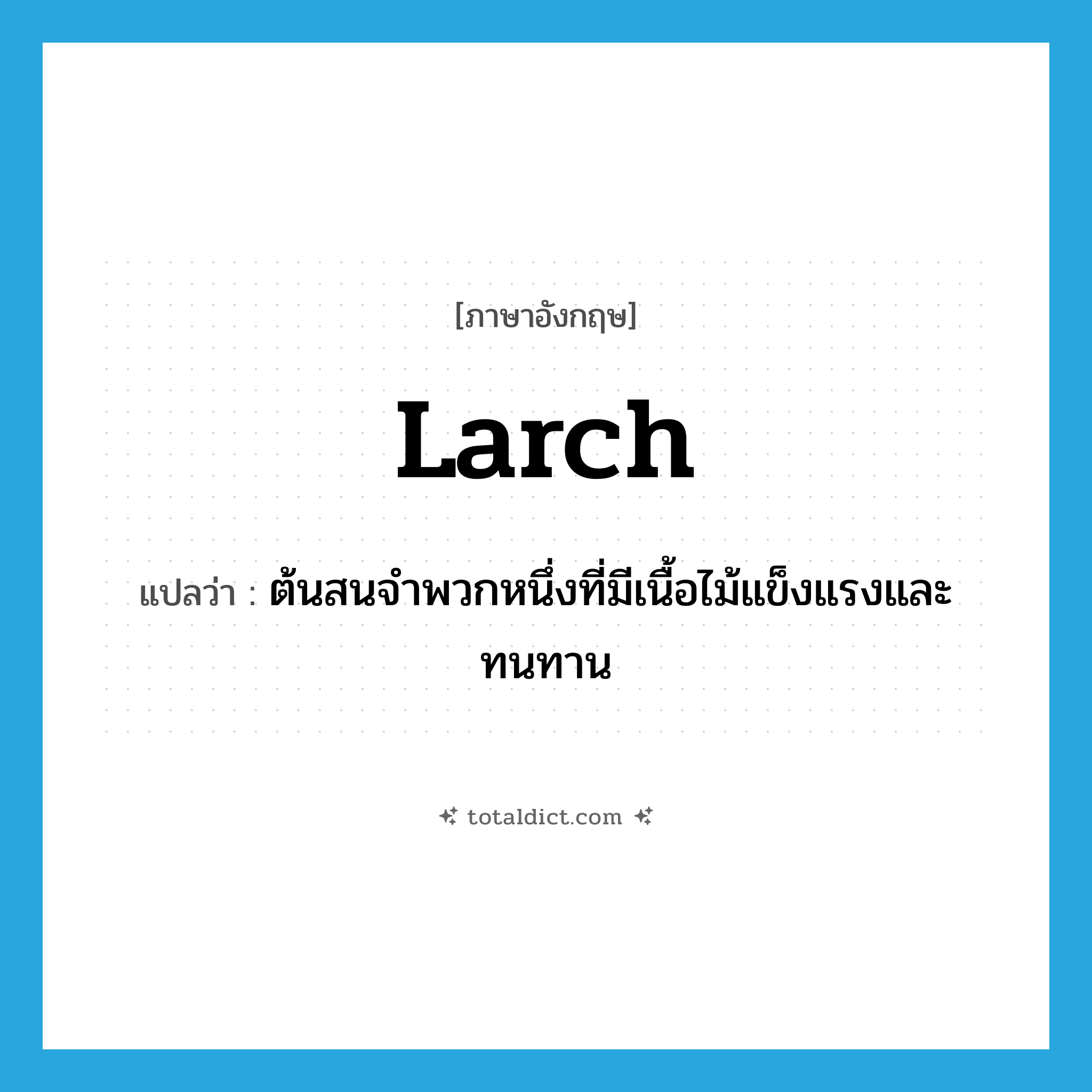 larch แปลว่า?, คำศัพท์ภาษาอังกฤษ larch แปลว่า ต้นสนจำพวกหนึ่งที่มีเนื้อไม้แข็งแรงและทนทาน ประเภท N หมวด N