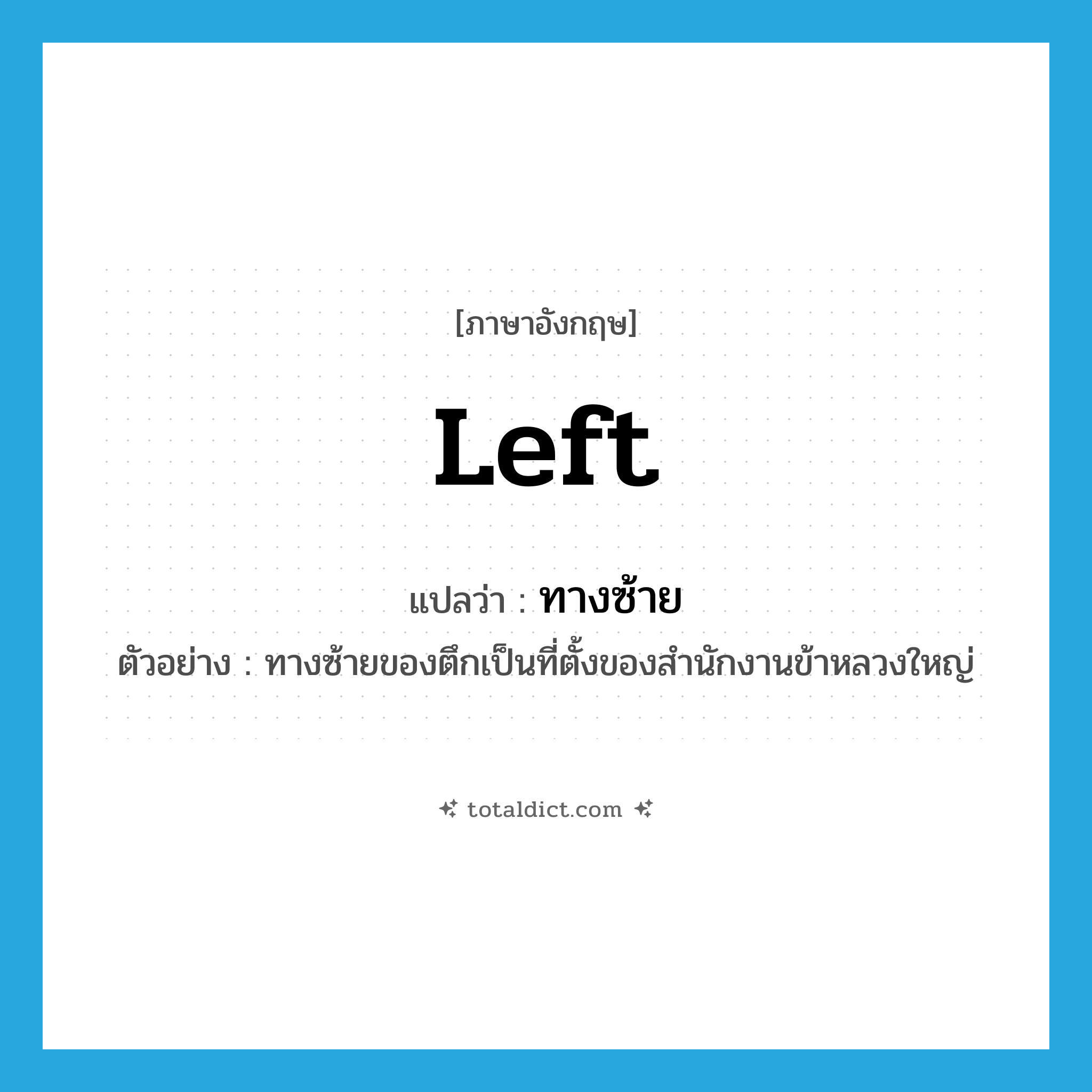 Left แปลว่า?, คำศัพท์ภาษาอังกฤษ left แปลว่า ทางซ้าย ประเภท N ตัวอย่าง ทางซ้ายของตึกเป็นที่ตั้งของสำนักงานข้าหลวงใหญ่ หมวด N