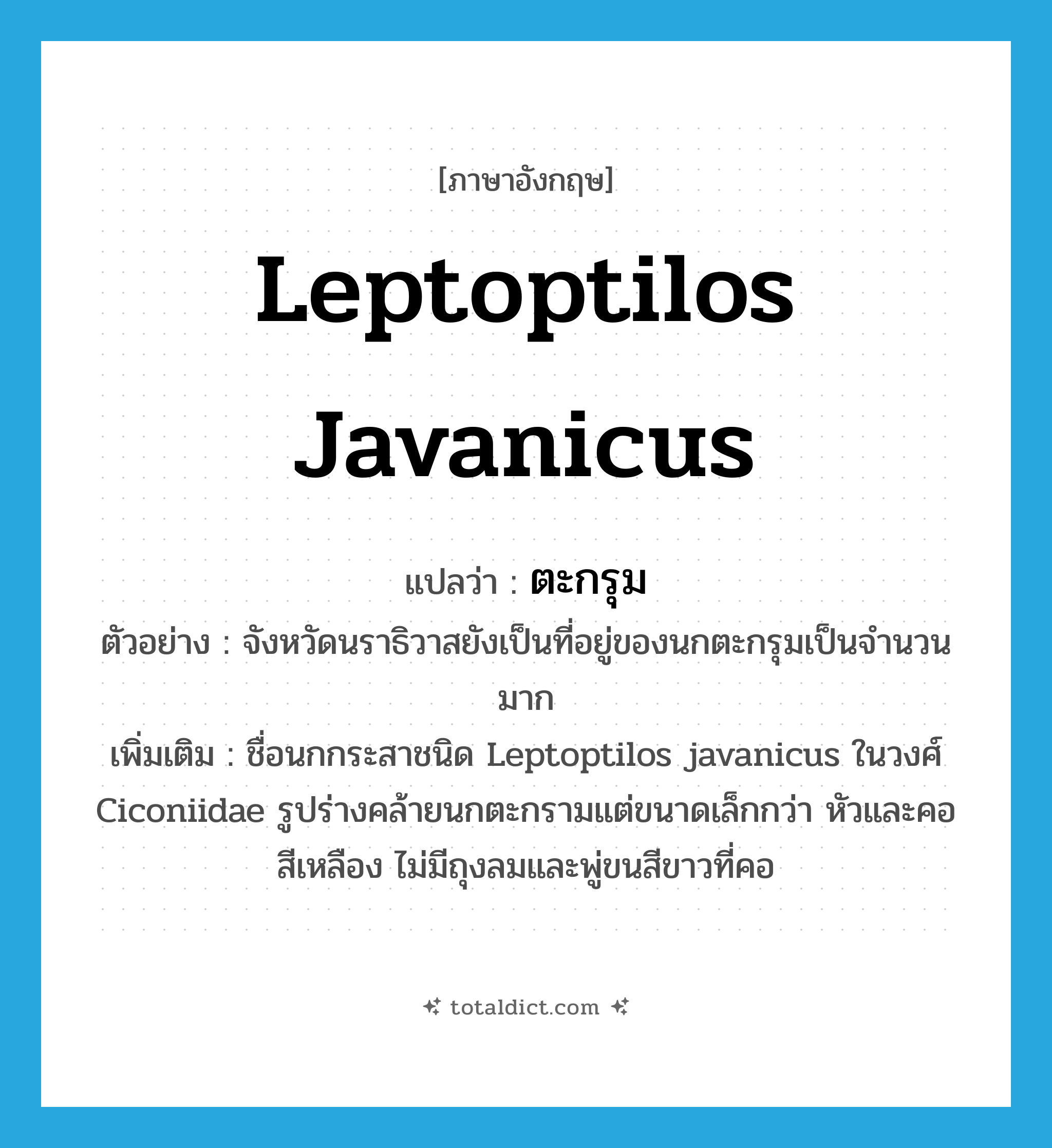 ตะกรุม ภาษาอังกฤษ?, คำศัพท์ภาษาอังกฤษ ตะกรุม แปลว่า Leptoptilos javanicus ประเภท N ตัวอย่าง จังหวัดนราธิวาสยังเป็นที่อยู่ของนกตะกรุมเป็นจำนวนมาก เพิ่มเติม ชื่อนกกระสาชนิด Leptoptilos javanicus ในวงศ์ Ciconiidae รูปร่างคล้ายนกตะกรามแต่ขนาดเล็กกว่า หัวและคอสีเหลือง ไม่มีถุงลมและพู่ขนสีขาวที่คอ หมวด N