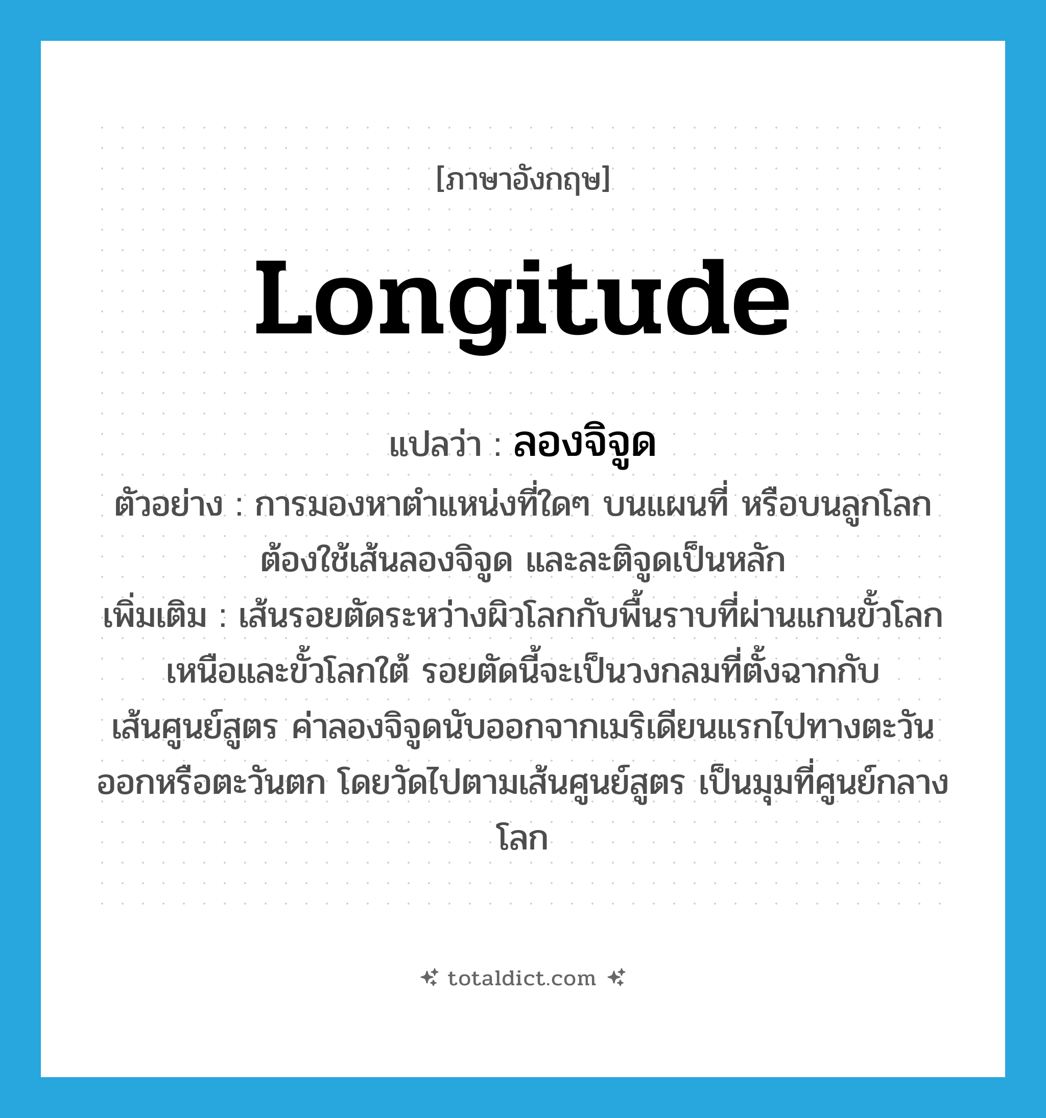 longitude แปลว่า?, คำศัพท์ภาษาอังกฤษ longitude แปลว่า ลองจิจูด ประเภท N ตัวอย่าง การมองหาตำแหน่งที่ใดๆ บนแผนที่ หรือบนลูกโลก ต้องใช้เส้นลองจิจูด และละติจูดเป็นหลัก เพิ่มเติม เส้นรอยตัดระหว่างผิวโลกกับพื้นราบที่ผ่านแกนขั้วโลกเหนือและขั้วโลกใต้ รอยตัดนี้จะเป็นวงกลมที่ตั้งฉากกับเส้นศูนย์สูตร ค่าลองจิจูดนับออกจากเมริเดียนแรกไปทางตะวันออกหรือตะวันตก โดยวัดไปตามเส้นศูนย์สูตร เป็นมุมที่ศูนย์กลางโลก หมวด N