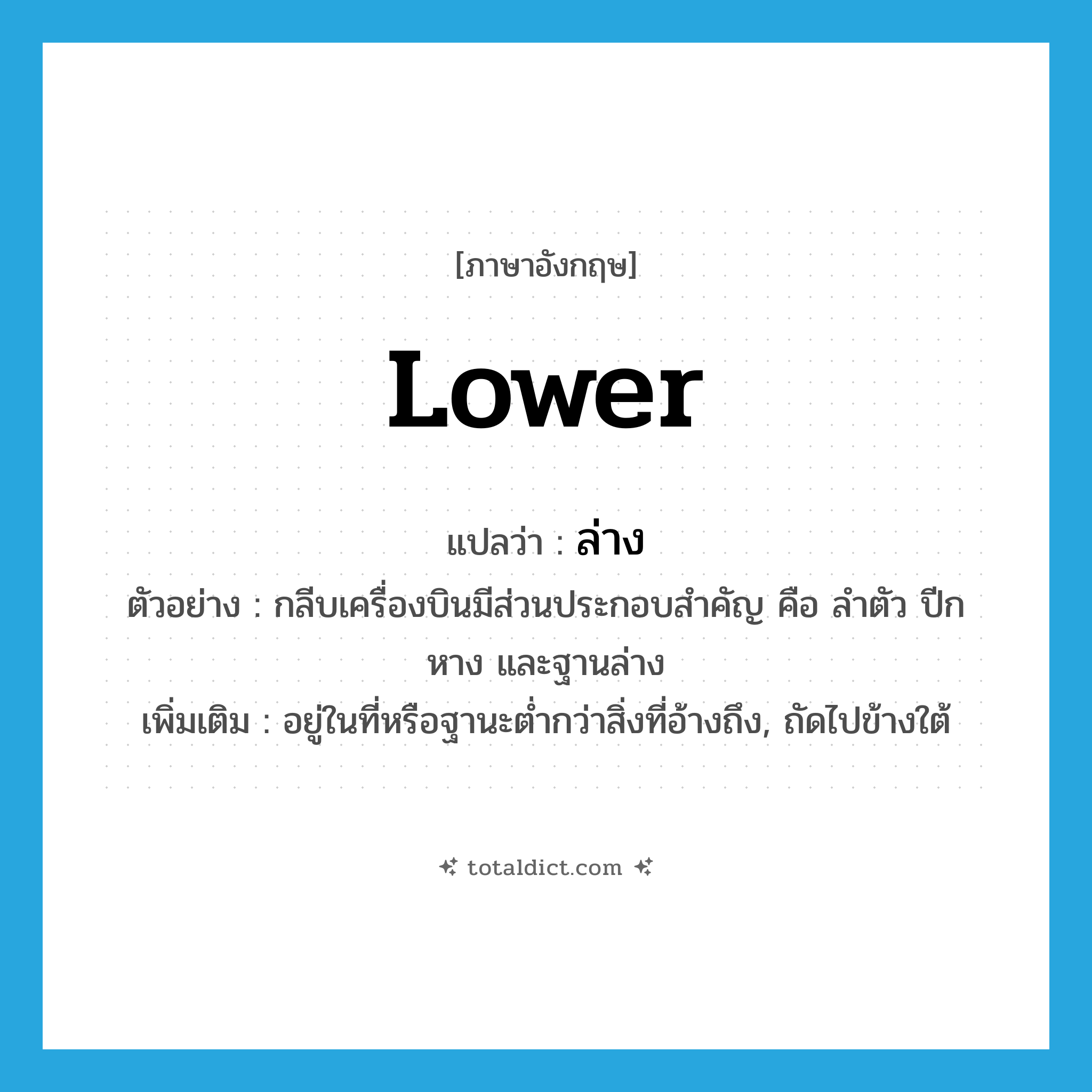 lower แปลว่า?, คำศัพท์ภาษาอังกฤษ lower แปลว่า ล่าง ประเภท ADJ ตัวอย่าง กลีบเครื่องบินมีส่วนประกอบสำคัญ คือ ลำตัว ปีก หาง และฐานล่าง เพิ่มเติม อยู่ในที่หรือฐานะต่ำกว่าสิ่งที่อ้างถึง, ถัดไปข้างใต้ หมวด ADJ