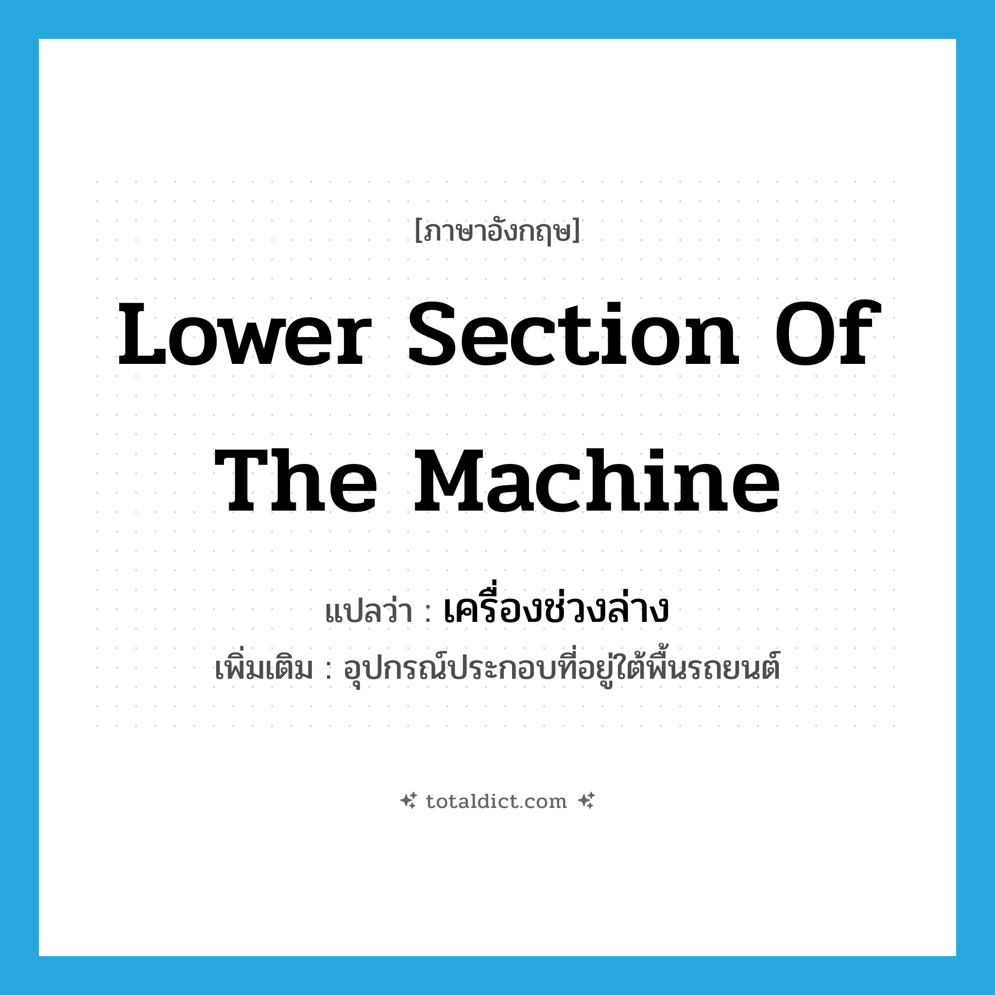 lower section of the machine แปลว่า?, คำศัพท์ภาษาอังกฤษ lower section of the machine แปลว่า เครื่องช่วงล่าง ประเภท N เพิ่มเติม อุปกรณ์ประกอบที่อยู่ใต้พื้นรถยนต์ หมวด N