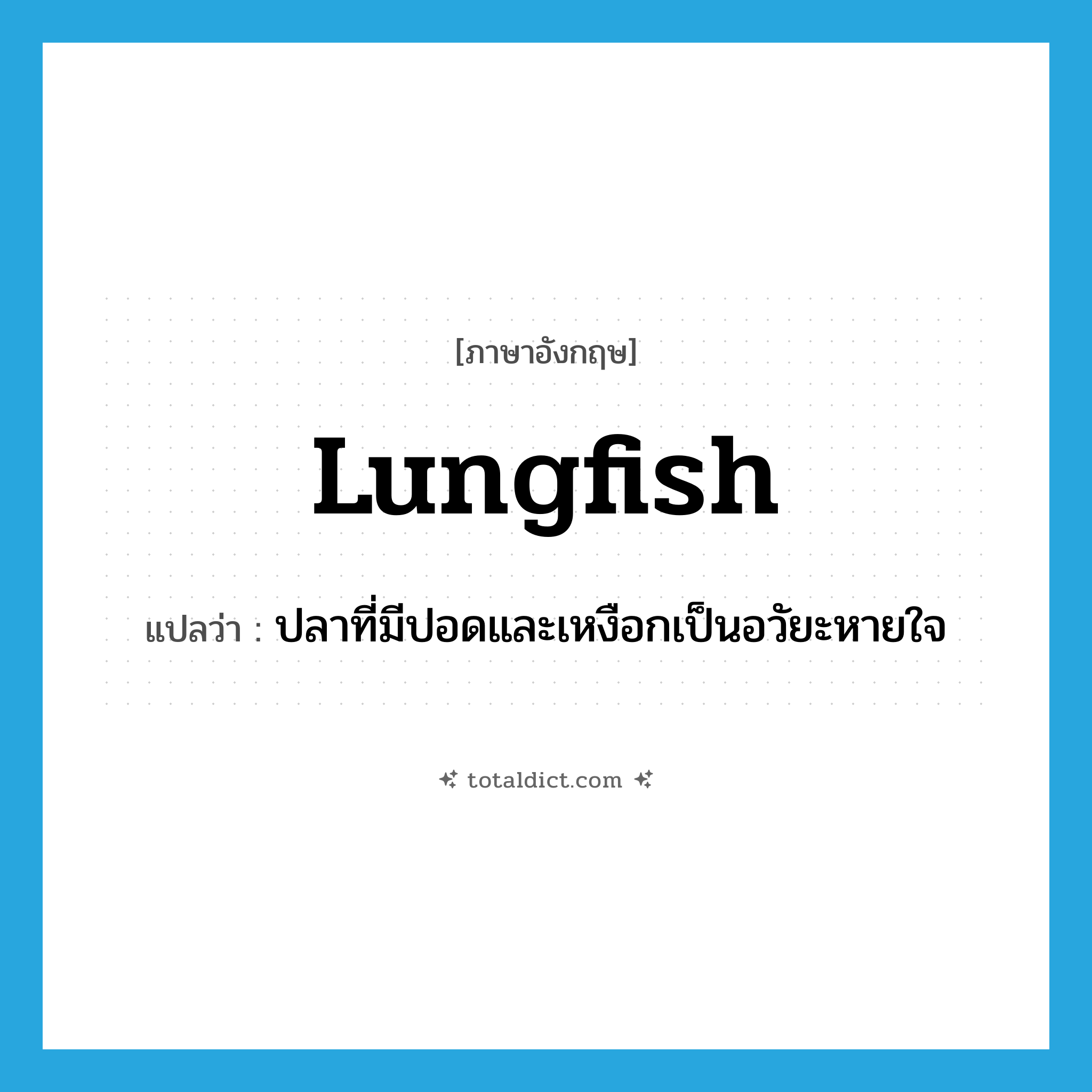 lungfish แปลว่า?, คำศัพท์ภาษาอังกฤษ lungfish แปลว่า ปลาที่มีปอดและเหงือกเป็นอวัยะหายใจ ประเภท N หมวด N