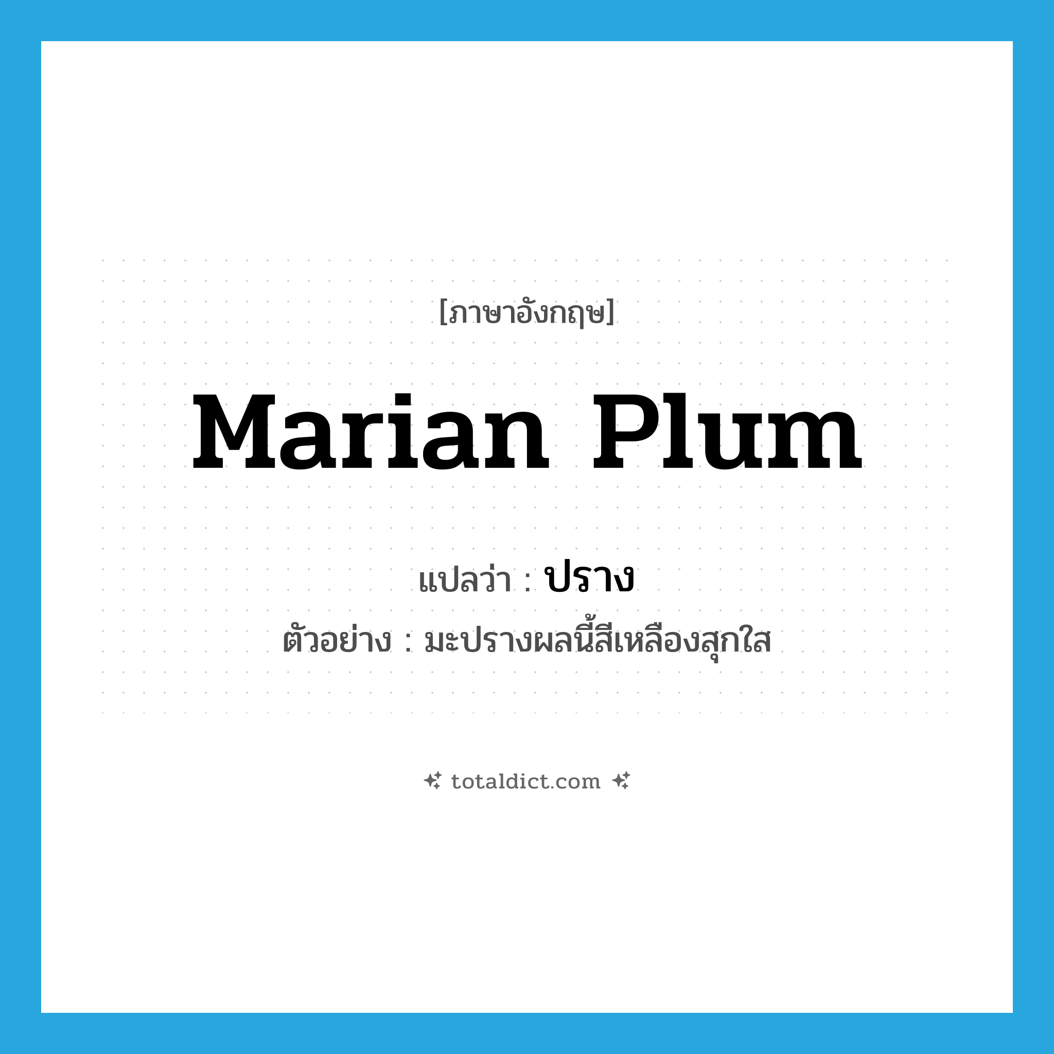 marian plum แปลว่า?, คำศัพท์ภาษาอังกฤษ marian plum แปลว่า ปราง ประเภท N ตัวอย่าง มะปรางผลนี้สีเหลืองสุกใส หมวด N