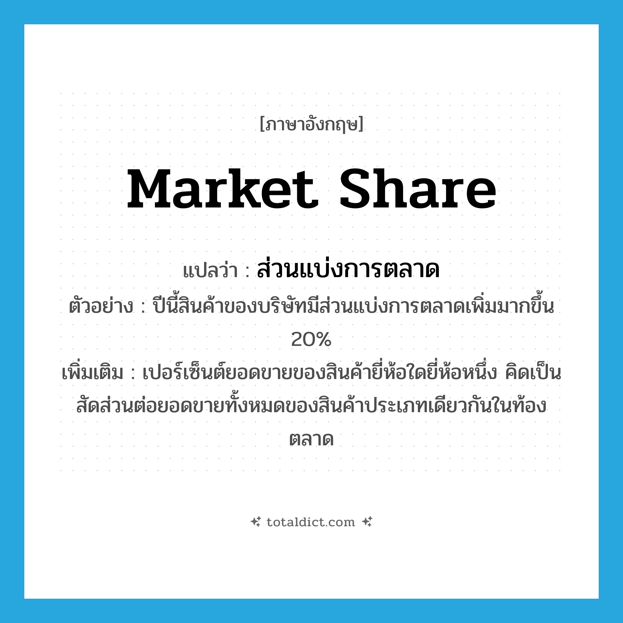 market share แปลว่า?, คำศัพท์ภาษาอังกฤษ market share แปลว่า ส่วนแบ่งการตลาด ประเภท N ตัวอย่าง ปีนี้สินค้าของบริษัทมีส่วนแบ่งการตลาดเพิ่มมากขึ้น 20% เพิ่มเติม เปอร์เซ็นต์ยอดขายของสินค้ายี่ห้อใดยี่ห้อหนึ่ง คิดเป็นสัดส่วนต่อยอดขายทั้งหมดของสินค้าประเภทเดียวกันในท้องตลาด หมวด N