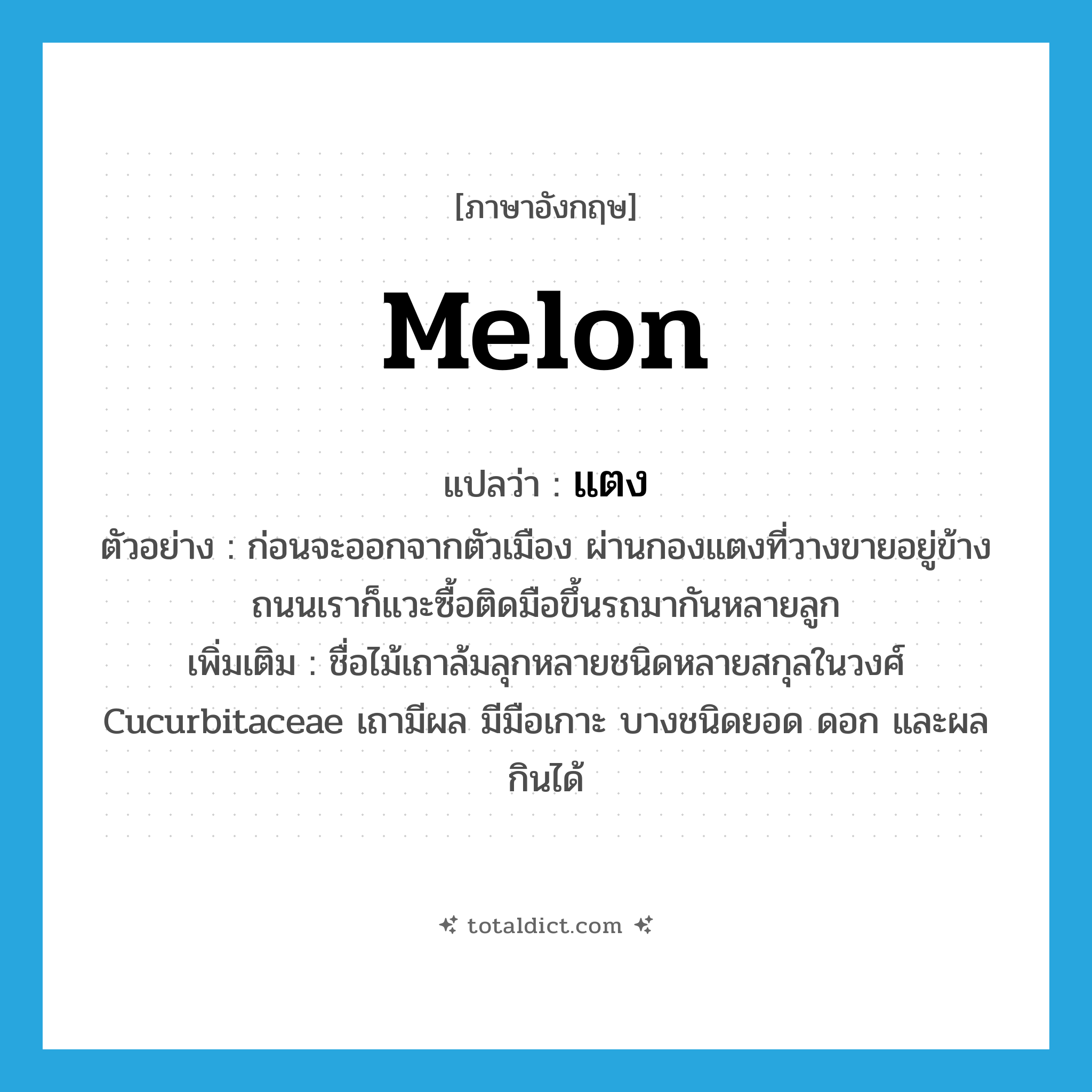 melon แปลว่า?, คำศัพท์ภาษาอังกฤษ melon แปลว่า แตง ประเภท N ตัวอย่าง ก่อนจะออกจากตัวเมือง ผ่านกองแตงที่วางขายอยู่ข้างถนนเราก็แวะซื้อติดมือขึ้นรถมากันหลายลูก เพิ่มเติม ชื่อไม้เถาล้มลุกหลายชนิดหลายสกุลในวงศ์ Cucurbitaceae เถามีผล มีมือเกาะ บางชนิดยอด ดอก และผลกินได้ หมวด N