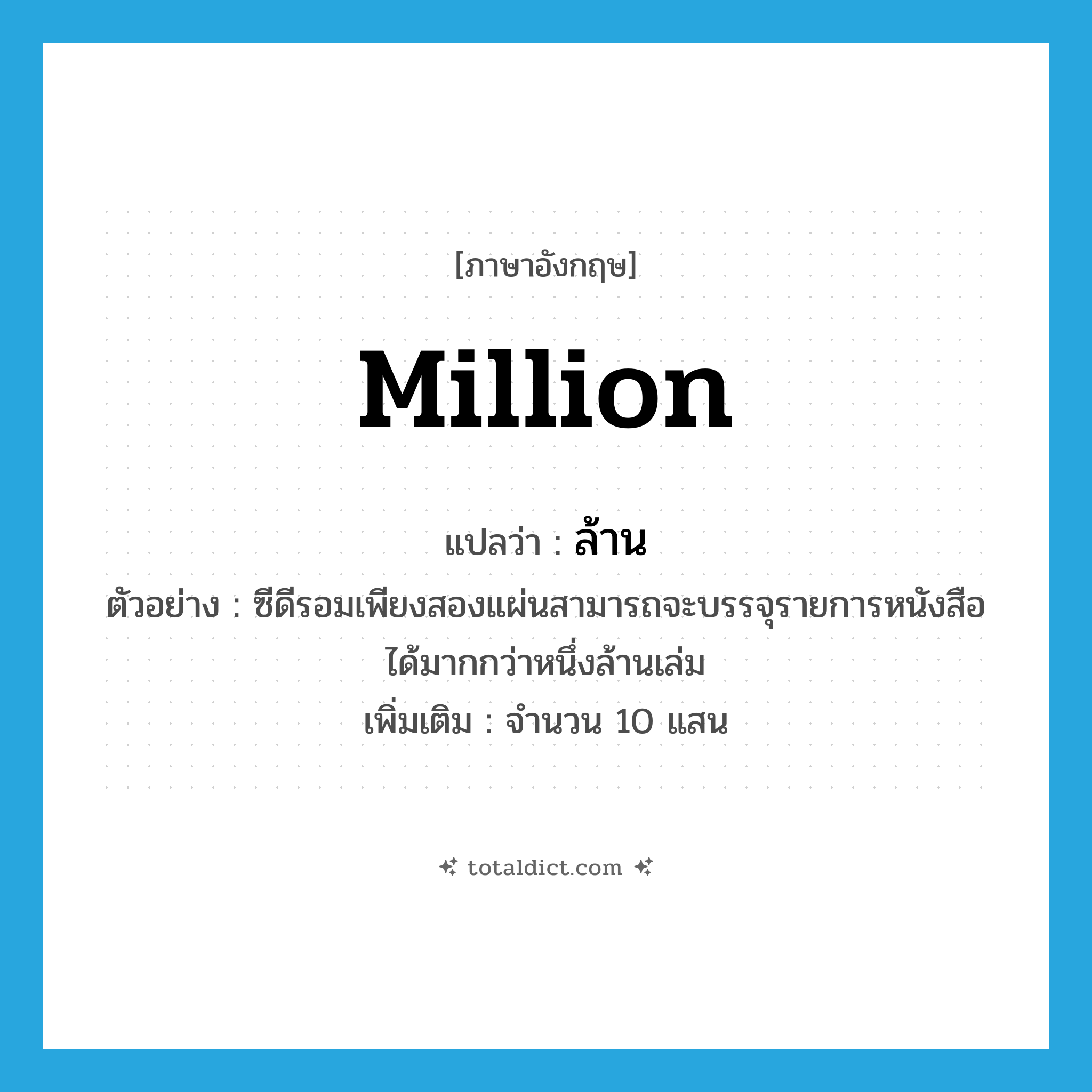 million แปลว่า?, คำศัพท์ภาษาอังกฤษ million แปลว่า ล้าน ประเภท N ตัวอย่าง ซีดีรอมเพียงสองแผ่นสามารถจะบรรจุรายการหนังสือได้มากกว่าหนึ่งล้านเล่ม เพิ่มเติม จำนวน 10 แสน หมวด N