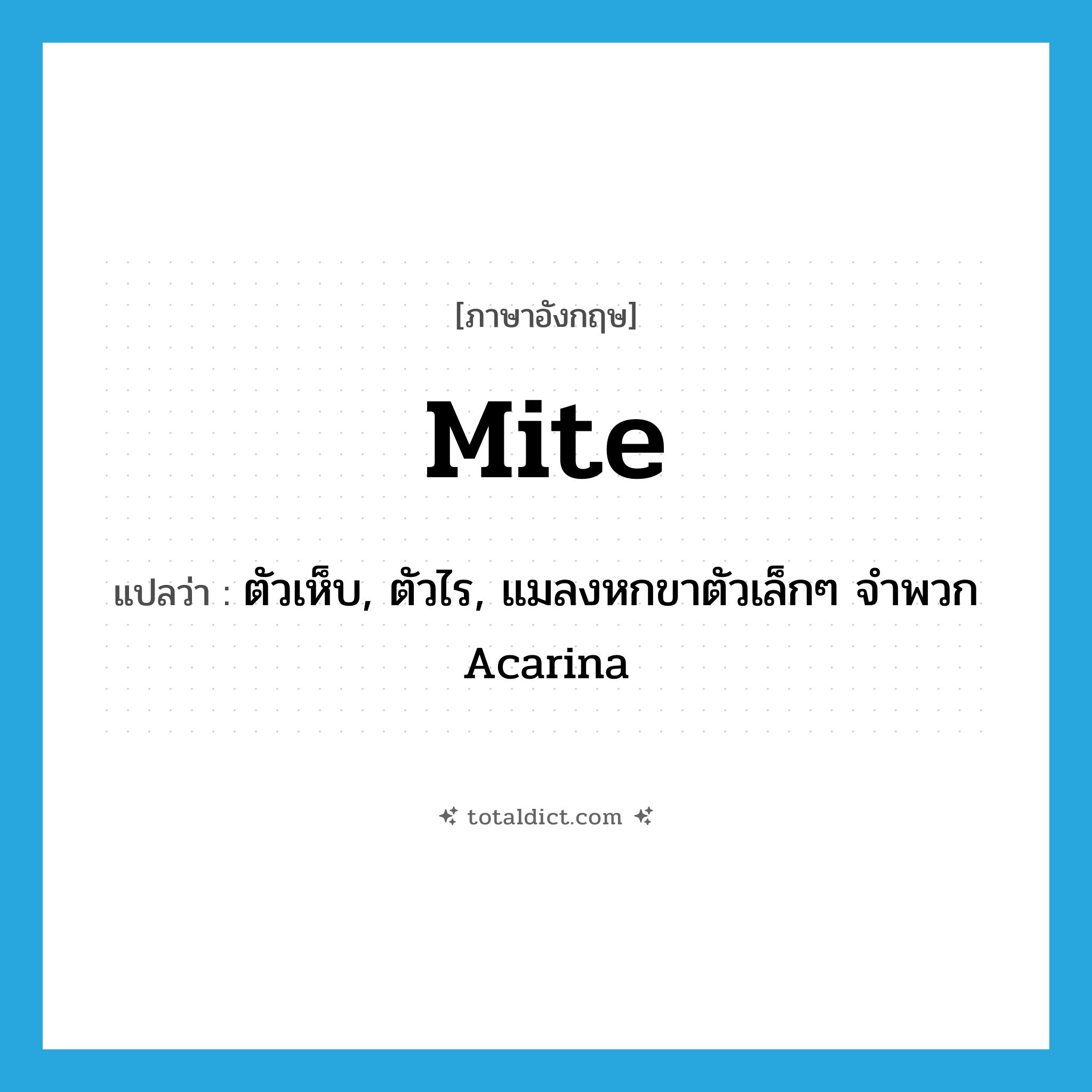 mite แปลว่า?, คำศัพท์ภาษาอังกฤษ mite แปลว่า ตัวเห็บ, ตัวไร, แมลงหกขาตัวเล็กๆ จำพวก Acarina ประเภท N หมวด N