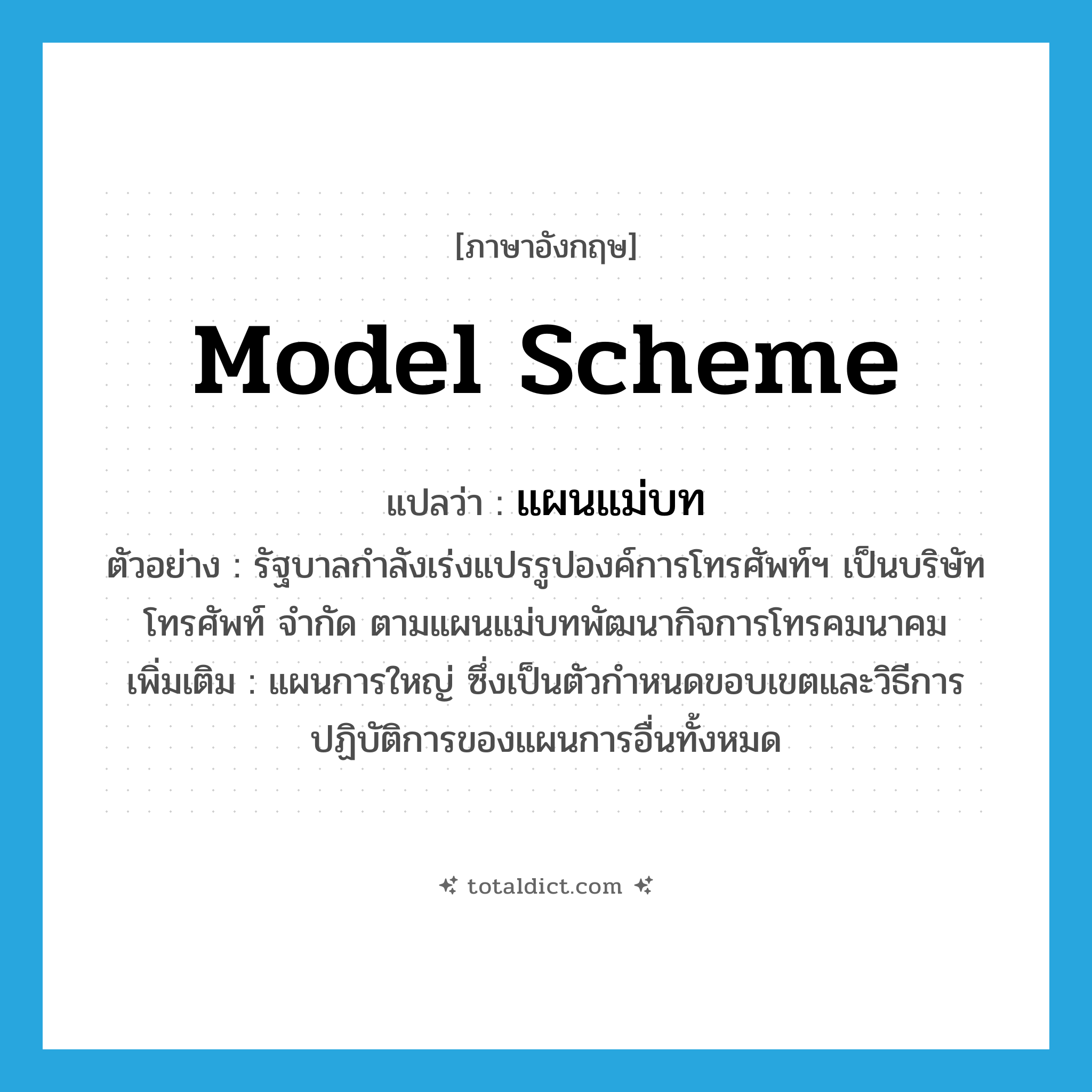 model scheme แปลว่า?, คำศัพท์ภาษาอังกฤษ model scheme แปลว่า แผนแม่บท ประเภท N ตัวอย่าง รัฐบาลกำลังเร่งแปรรูปองค์การโทรศัพท์ฯ เป็นบริษัทโทรศัพท์ จำกัด ตามแผนแม่บทพัฒนากิจการโทรคมนาคม เพิ่มเติม แผนการใหญ่ ซึ่งเป็นตัวกำหนดขอบเขตและวิธีการปฏิบัติการของแผนการอื่นทั้งหมด หมวด N